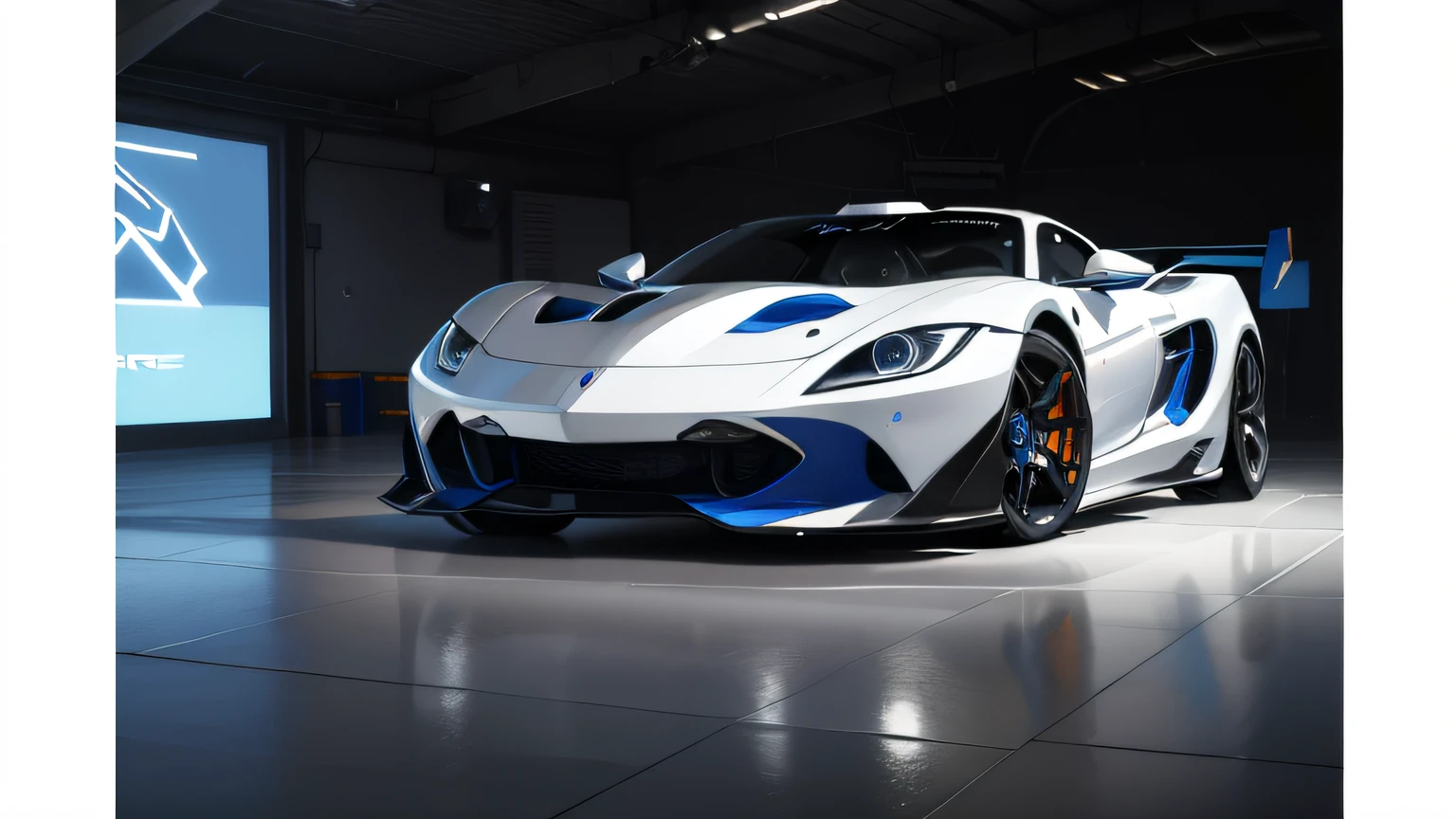 Close-up of a white and blue sports car in the garage, ray tracing on, 8k in the style, ray tracing on epic settings, cinematic front shot, in game style 8k, 8k octane rendering Ultra HD, rendered in 8 k unreal engine, 8k no blur, 8 k cg render, ray tracing 8 k, ray trace 8k,Concept sports car