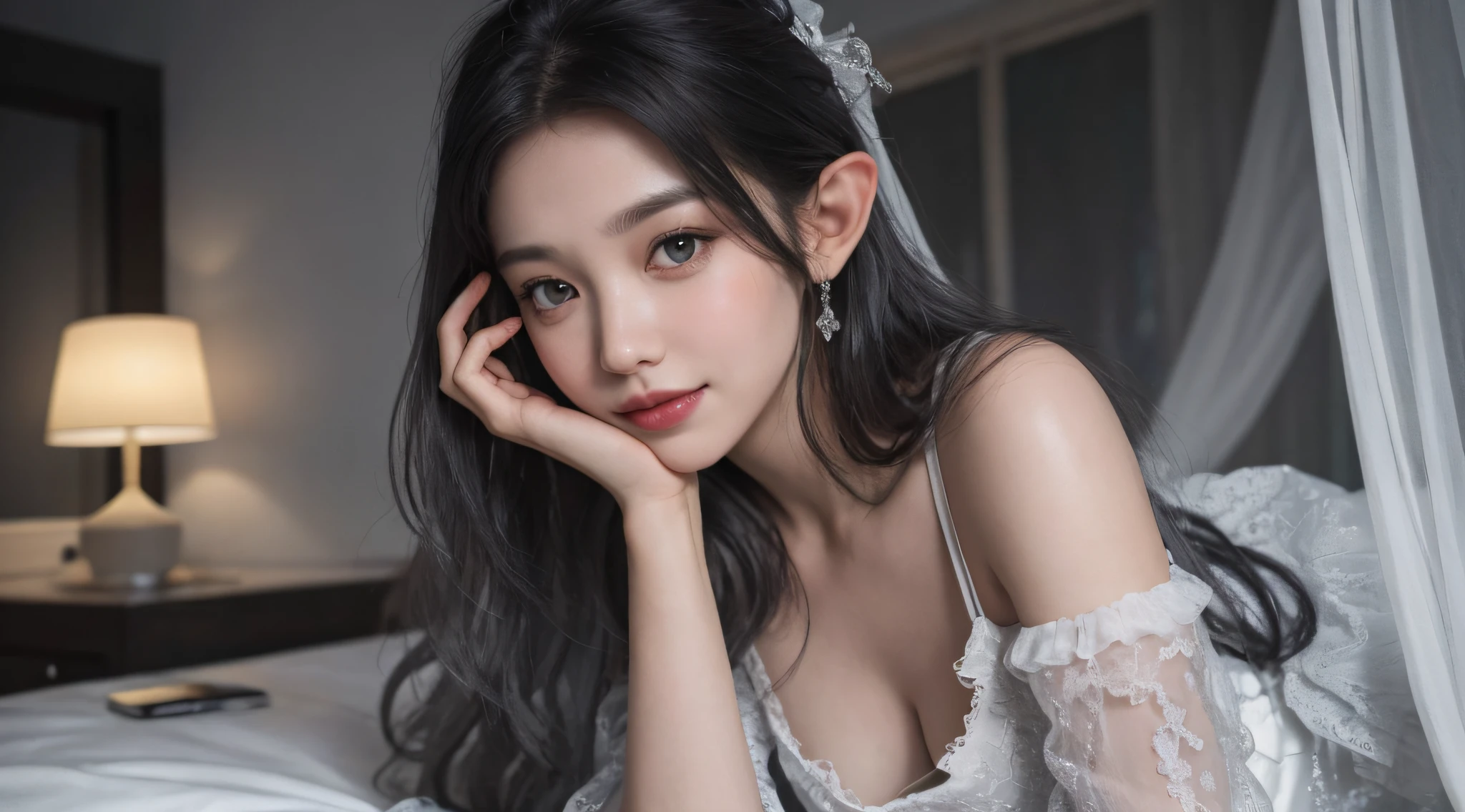 Masterpiece, Best quality, landscape, Magic style,(Dark style),Fairy tales,(Solo:1.3),,(Face focus),Half body,(Close-up:1.2),elf,,(Low-key lighting), 1girll, Silvery hair, (Gray eyes),(Long hair),Hair between the eyebrows,,Peach dyeing, tiered dress, (White dress), view the viewer,,Indoors, Bedroom,Night,lighting,(lamp lights),on top of the bed,bow,Smile,,