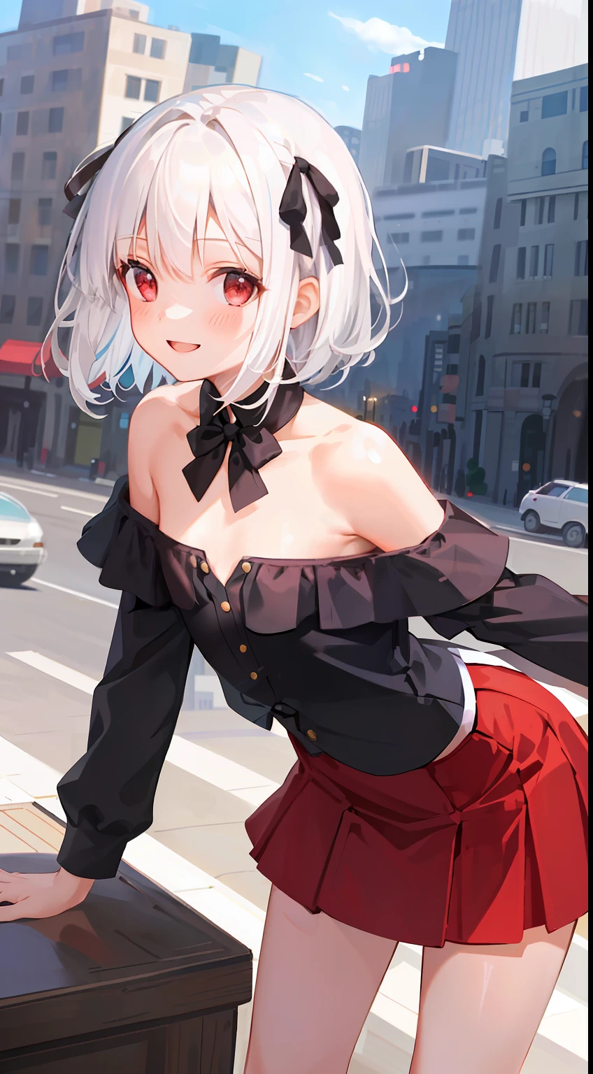 masterpiece, best quality,1girl, solo, bangs, left hair ribbon, (small breasts:1.4), red eyes, short hair, smile, solo, white hair, (Strapless:1.1), (off-the-shoulder:1.1), (cowboy shot:1.2),  city, (uniform:1.2), (partially_unbuttoned:1.1), (Externally expanded Chest:1.2), skirt, (bent over:1.2),