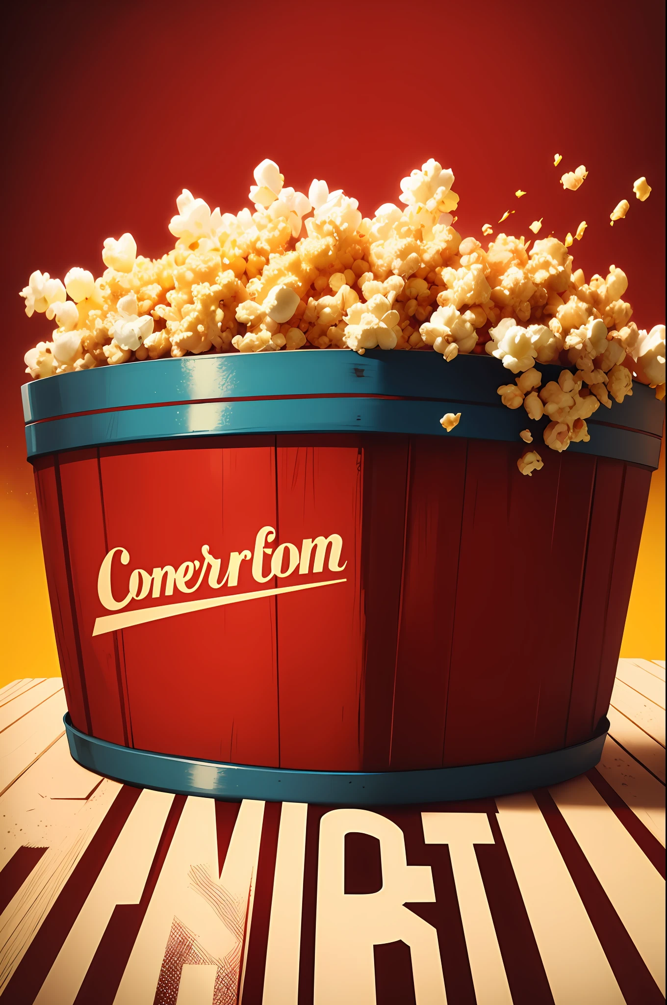 american retro style，Poster design，American popcorn in a barrel of classic red and yellow popcorn，Strong impact，Explosive feeling