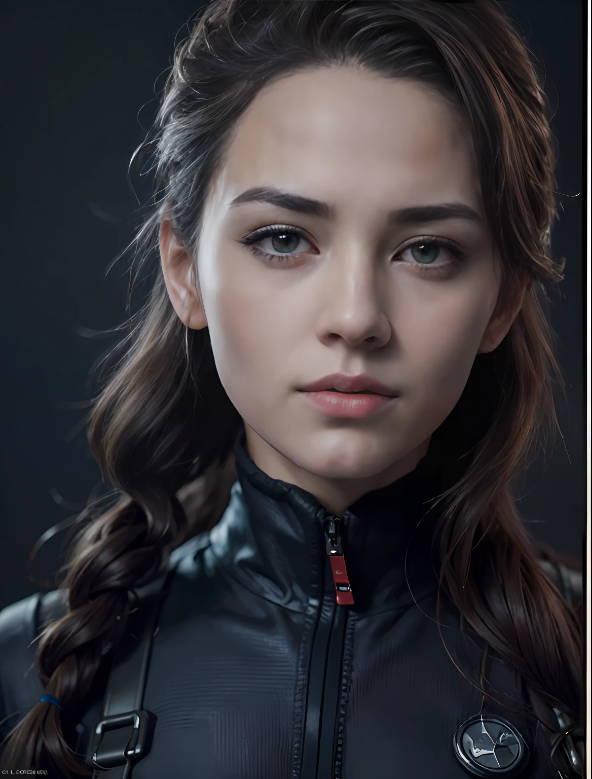 (8k, RAW photos, top quality, masterpiece: 1.2), (realistic, photorealistic: 1.37), (close up:1.5), (1 super beautiful girl), (slender and perfect figure), disheveled braid hair, professional lighting, photon mapping, (ultra detailed skin), (wearing dark blue nylon suit likes police uniform, military harness, yellow sunvisor), (normal breasts), ((bring machinegun)), serious, fires, smokes, destroyed buildings,