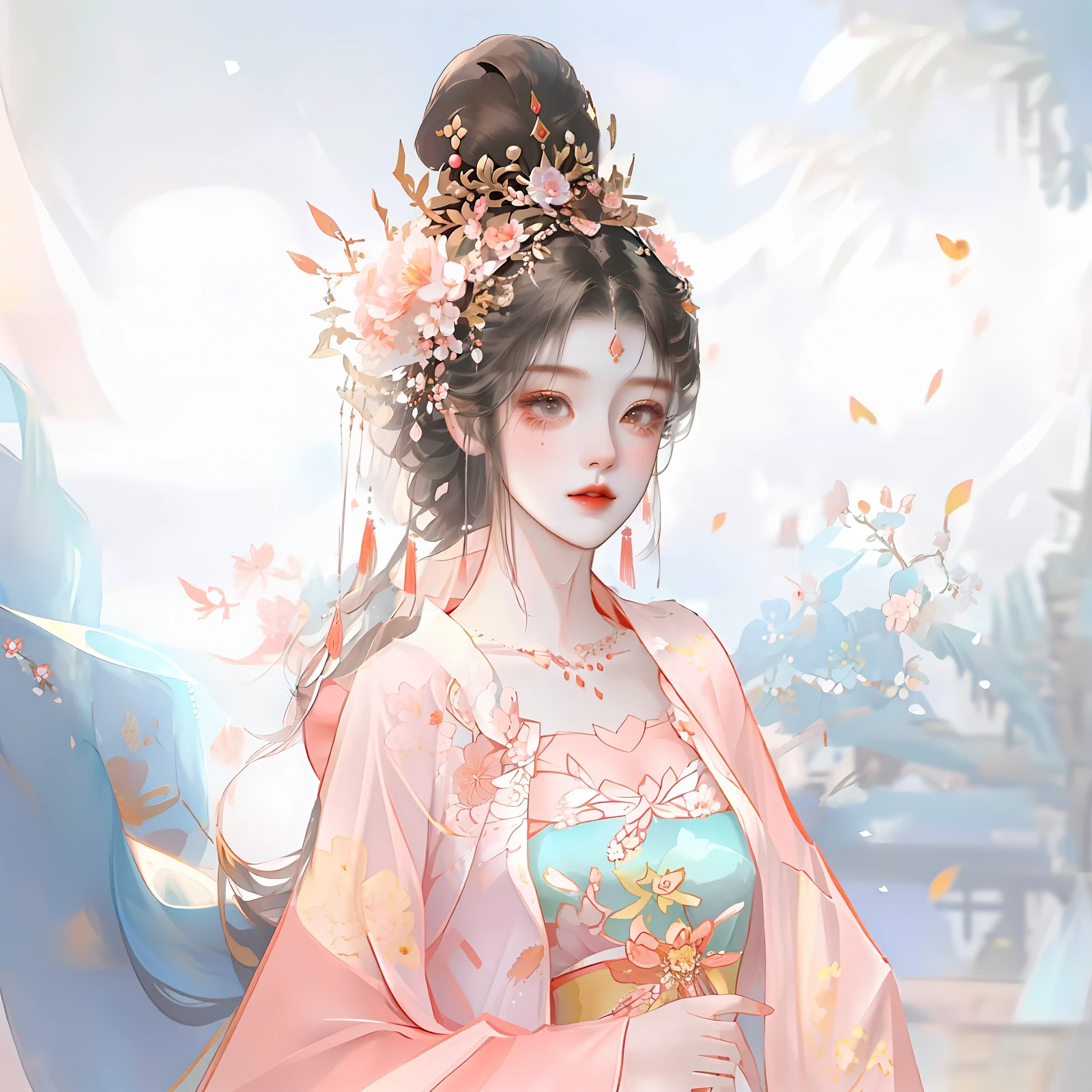 oriental girl，Works of masters，It is engaging and beautifully composed，Her figure is curvy，Enough to be a masterpiece。The painting is undoubtedly super detailed，Her figure is curvy，Best picture quality，Higher quality，high detal， 超高分辨率， 8K分辨率， depth of fields， cinematic photogtaphy， intricately details， carefully， meticuloso， glorious， max detail， extreme beautiful， （（（1girll， 独奏）））， A picture， tmasterpiece， （Best picture quality）， Higher quality， high detal， 超高分辨率， in a panoramic view， Exquisite facial features， s the perfect face，Detailed digital anime art，There is a woman in a pink dress and a flower crown, a beautiful fantasy empress, Palace ， A girl in Hanfu, Inspired by Lan Ying, Princesa chinesa antiga, ((a beautiful fantasy empress)), Inspired by Qiu Ying, inspired by Ma Yuanyu, inspired by Park Hua, China Princess, Beautiful rendering of the Tang Dynasty, trending on cgstation
