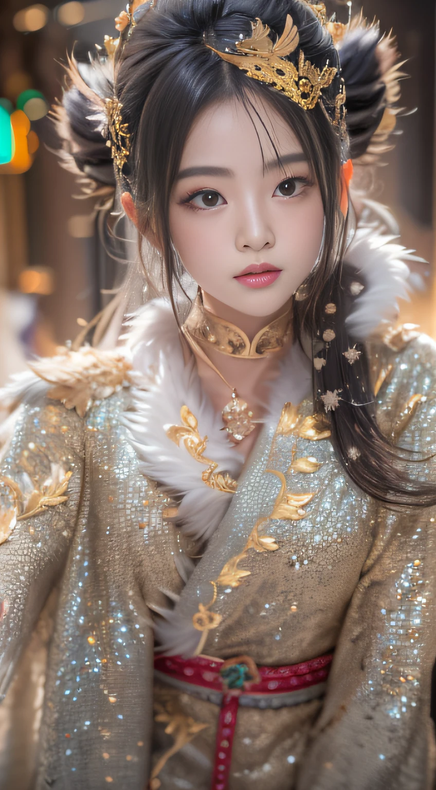 16k(tmasterpiece,k hd,hyper HD,16k)short detailed hair,Vintage train sleeper area,Snow Circle Girl ,Two Golden Dragon Protectors (realisticlying:1.4),Python robe,Purple-pink tiara,Snowflakes fluttering,The background is pure, A high resolution, the detail, RAW photogr, Sharp Re, Nikon D850 Film Stock Photo by Jefferies Lee 4 Kodak Portra 400 Camera F1.6 shots, Rich colors, ultra-realistic vivid textures, Dramatic lighting, Unreal Engine Art Station Trend, cinestir 800,