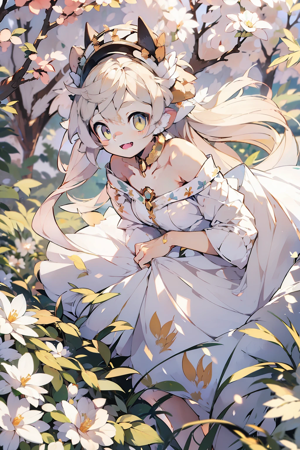 Best quality, masterpiece, ultra high res, (photorealistic:1.4), raw photo, 1girl, white dress, off shoulder, blossom flower field, glowing skin, light smile