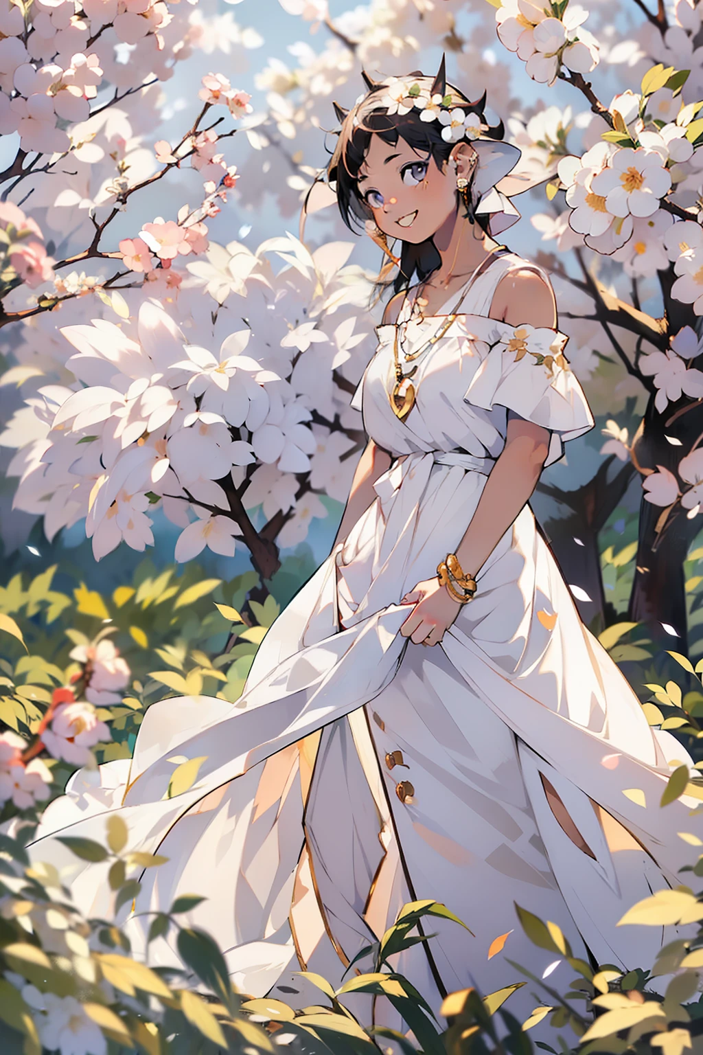 Best quality, masterpiece, ultra high res, (photorealistic:1.4), raw photo, 1girl, white dress, off shoulder, blossom flower field, glowing skin, light smile
