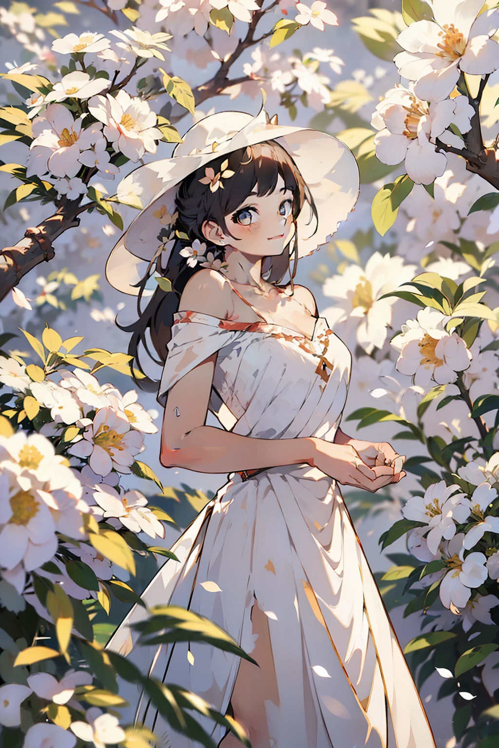 Best quality, masterpiece, ultra high res, (photorealistic:1.4), raw photo, 1girl, white dress, off shoulder, blossom flower field, glowing skin, light smile