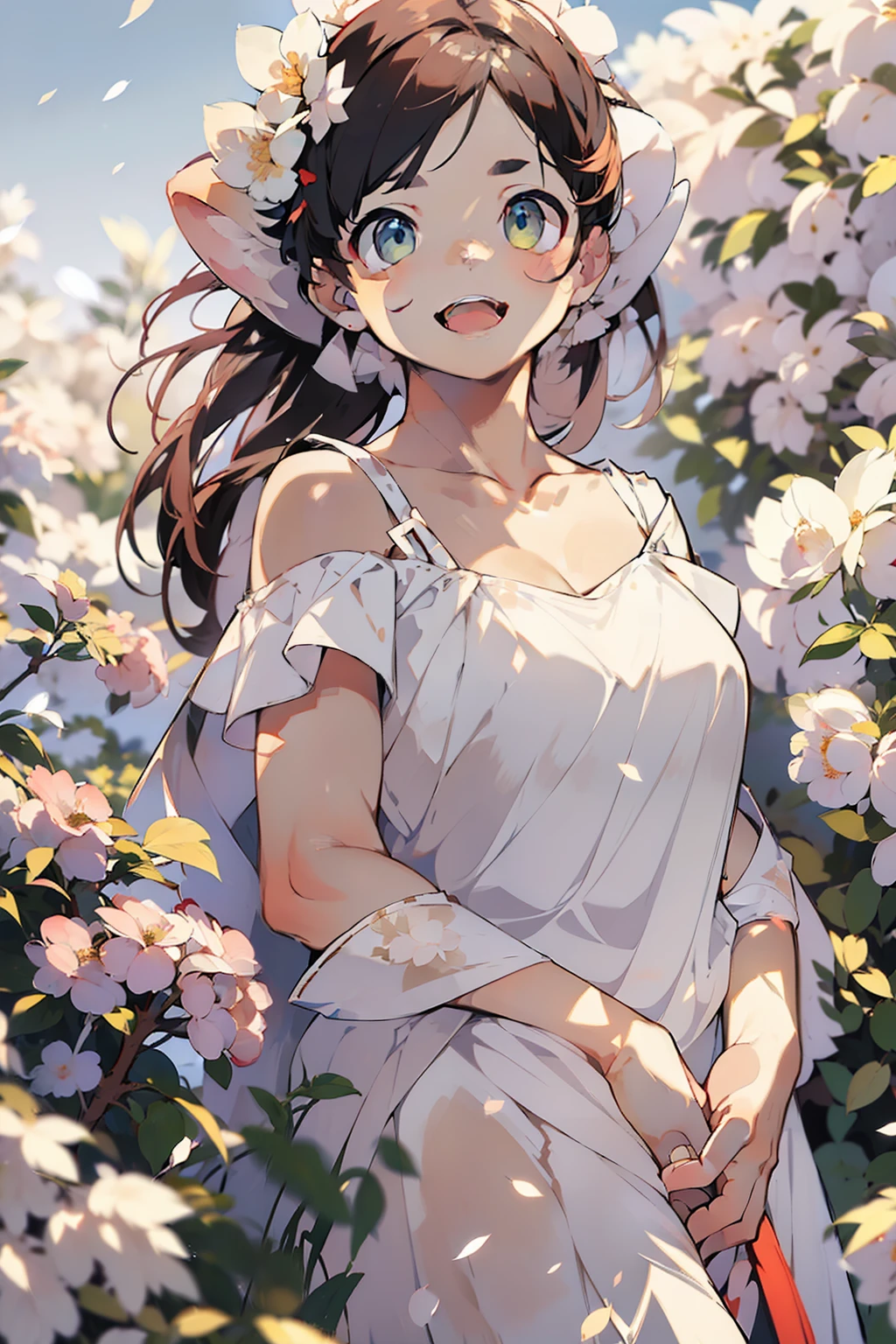 Best quality, masterpiece, ultra high res, (photorealistic:1.4), raw photo, 1girl, white dress, off shoulder, blossom flower field, glowing skin, light smile