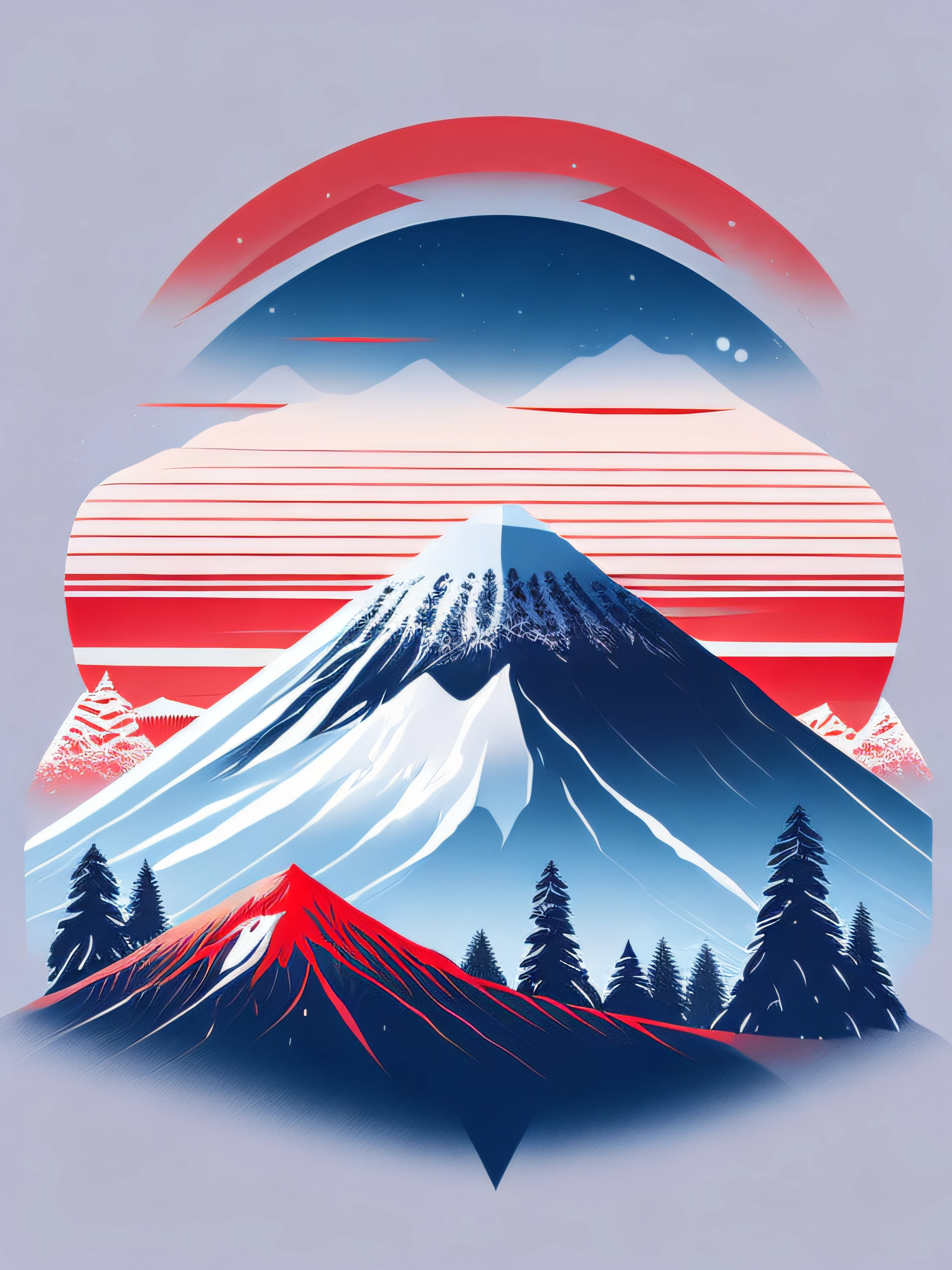 mount fuji in a winter landscape and a red peak, tshirt design, rzminjourney, vector-art