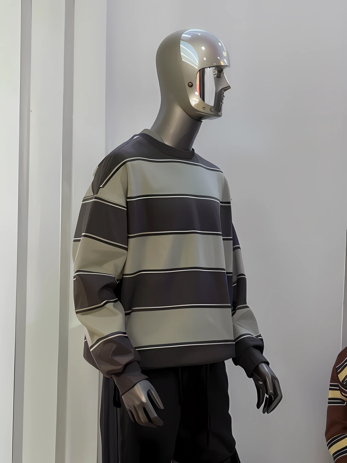 Aravi mannequins wear striped sweaters and pants with helmets, on a mannequin. High quality, on a mannequin. high resolution, realistic dress, realistically rendered clothing, streaked, Casual clothing, creepy mannequin, Mannequin, fear of god style, casual streetwear, clothes from the future, 2 0 2 0 fashion, striped sweater, Mannequins