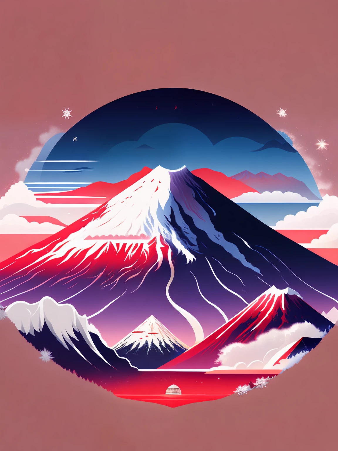 mount fuji in a winter landscape and a red peak, tshirt design, rzminjourney, vector-art