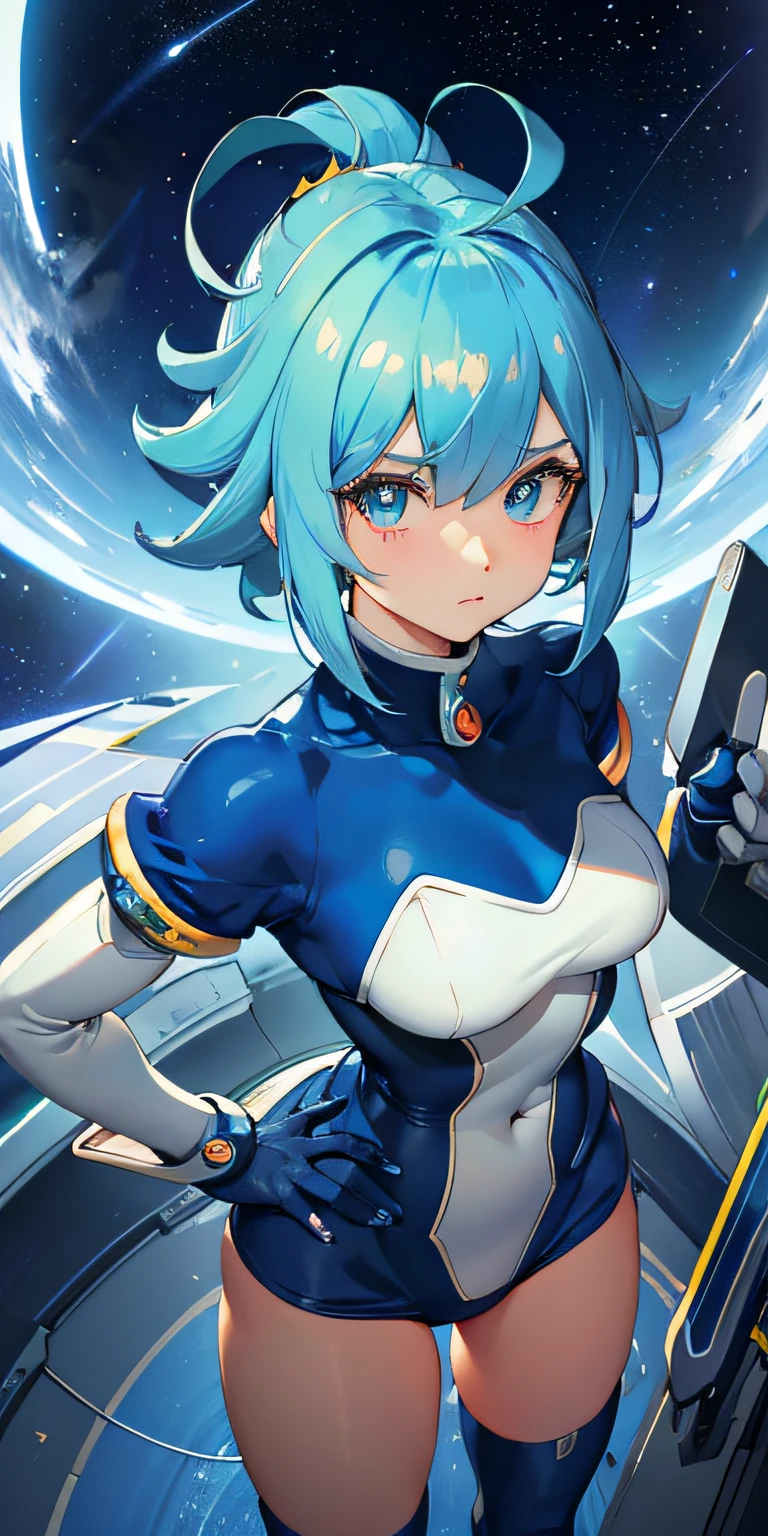 (Overhead view),dynamic ungle,ultra-detailliert, illustratio, a closeup, straight-on, 1girl in,
 ((capcom：megaman))、Her eyes shone like dreamy stars(radiant eyes:1.233)、(beautifully detailed eyes:1.1)、(deadpan、a closed mouth)、(is standing)、
(Mechanic's room with tools and spaceship window in white spaceship)、
(natta:1.2)、dream-like、[[Delicate fingers and hands:0.55]::0.85]、(detail finger)、