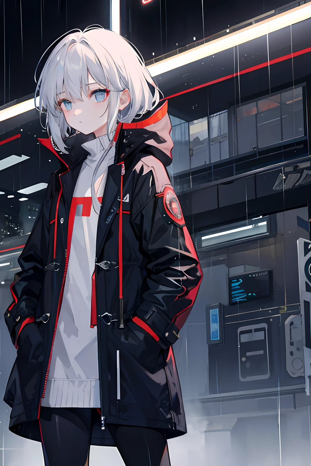 1girl, Night City, rain, coat, hands in pockets