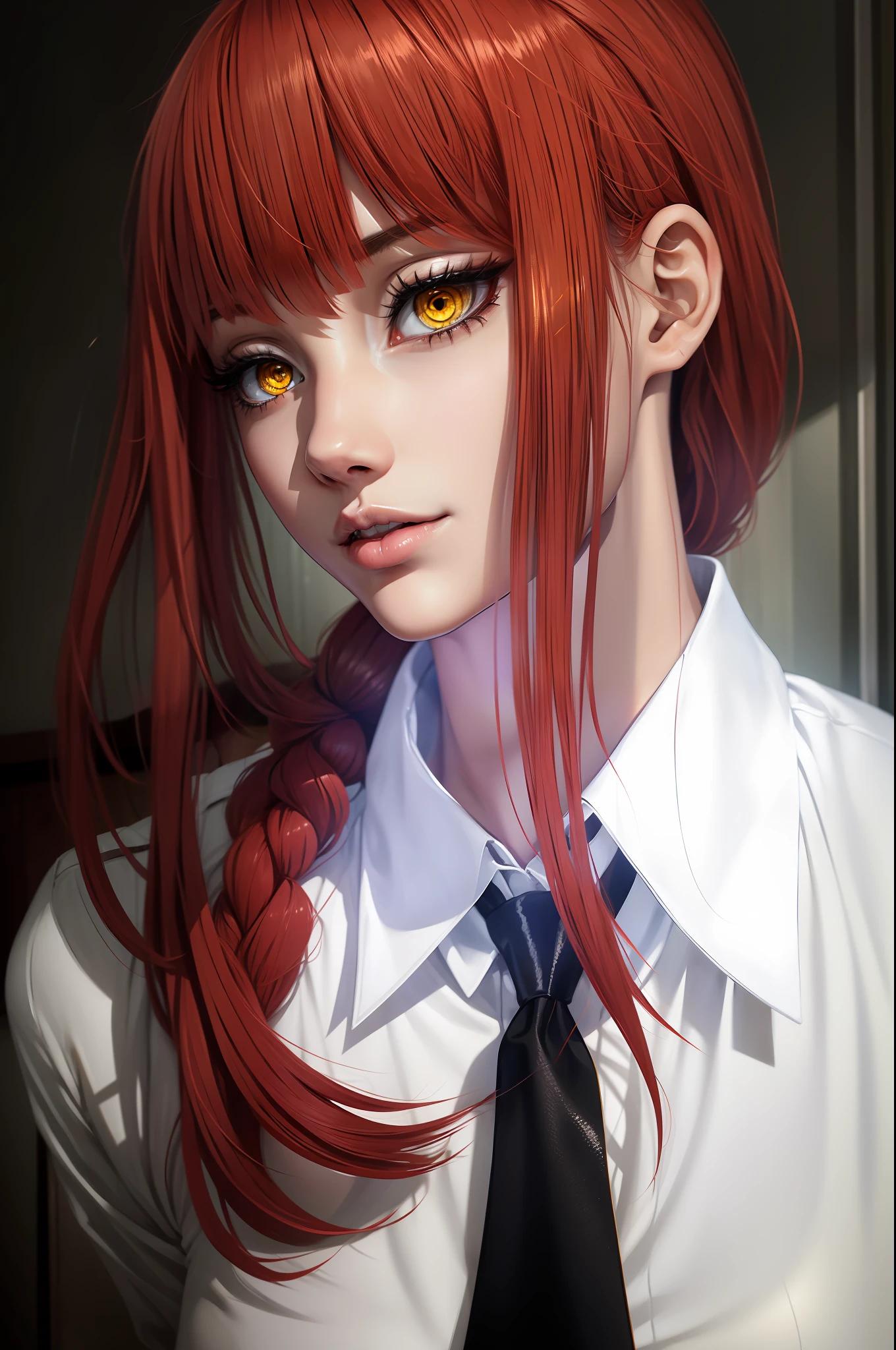 beautiful gorgeous Makima woman staring at the viewer, yellow eyes, sharp, red hair, white shirt, black tie, volumetric lightning, superdetailed