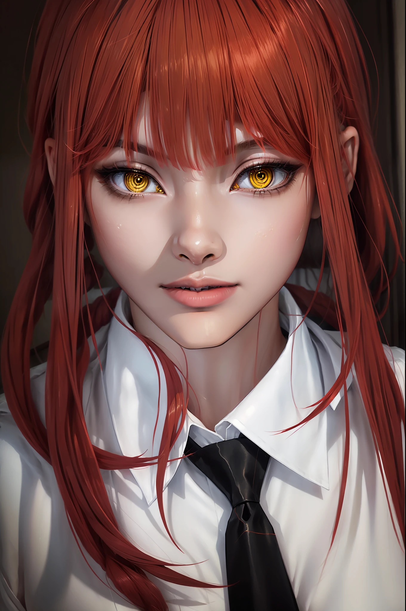 beautiful gorgeous Makima woman staring at the viewer, yellow eyes, sharp, red hair, white shirt, black tie, volumetric lightning, superdetailed