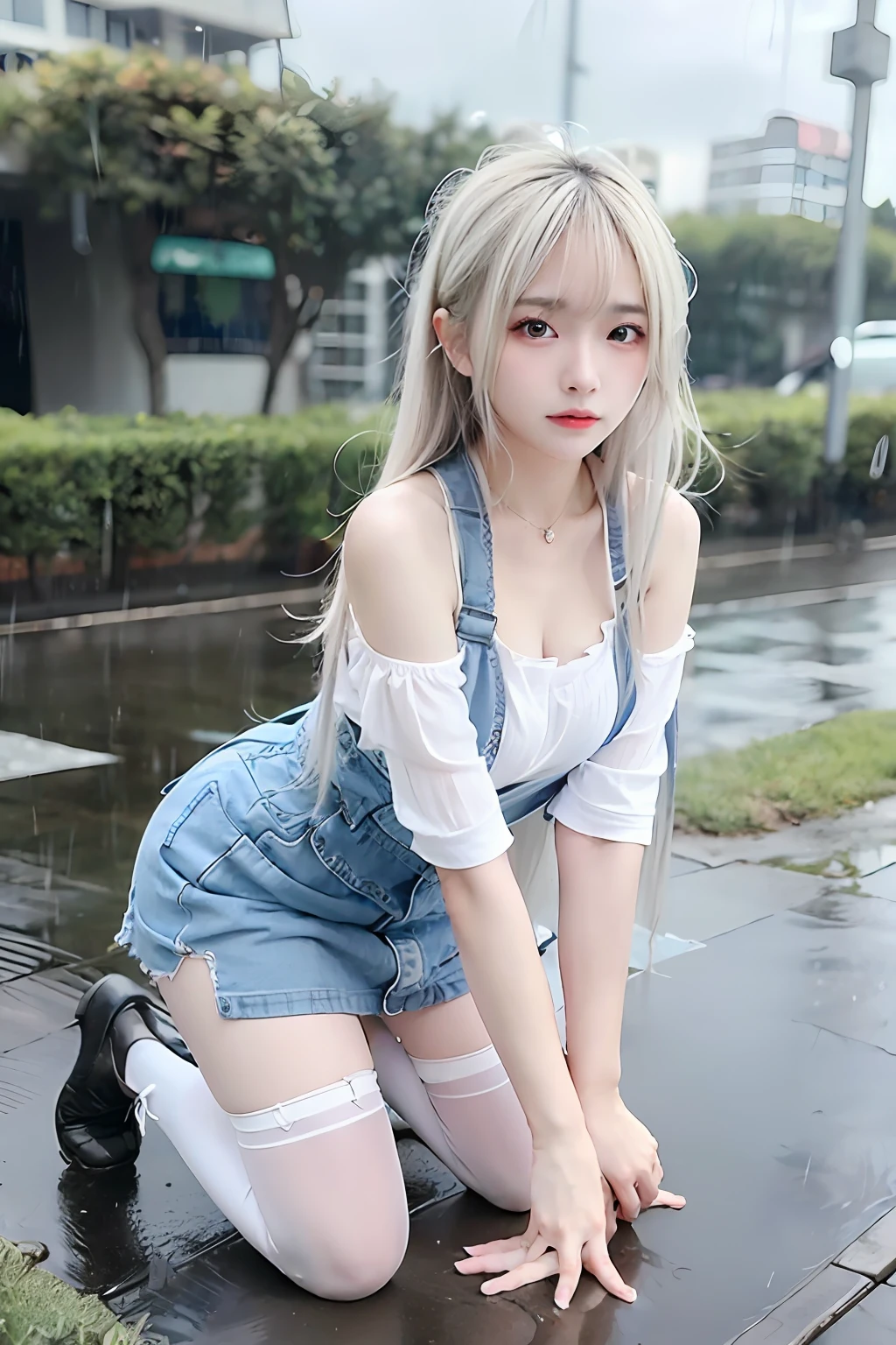 1 girl, anime style, kneeling, hivering, feeling cold, shivering, transparent suspender stockings, leg straps, short skirt, (long white hair), blue eyes, rain-soaked top, rainy day, heartache expression