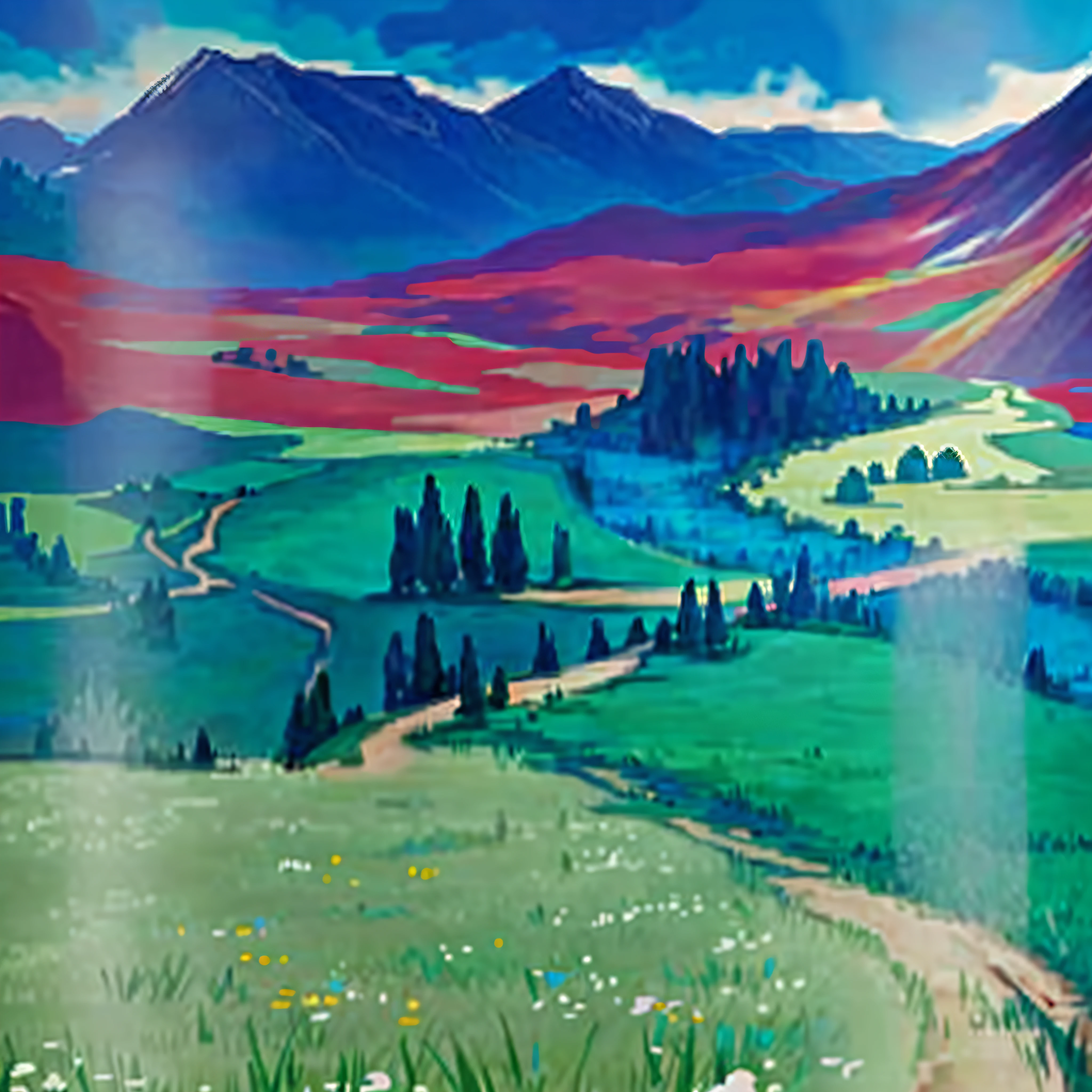 Field landscape painting,There are low mountains in the distance