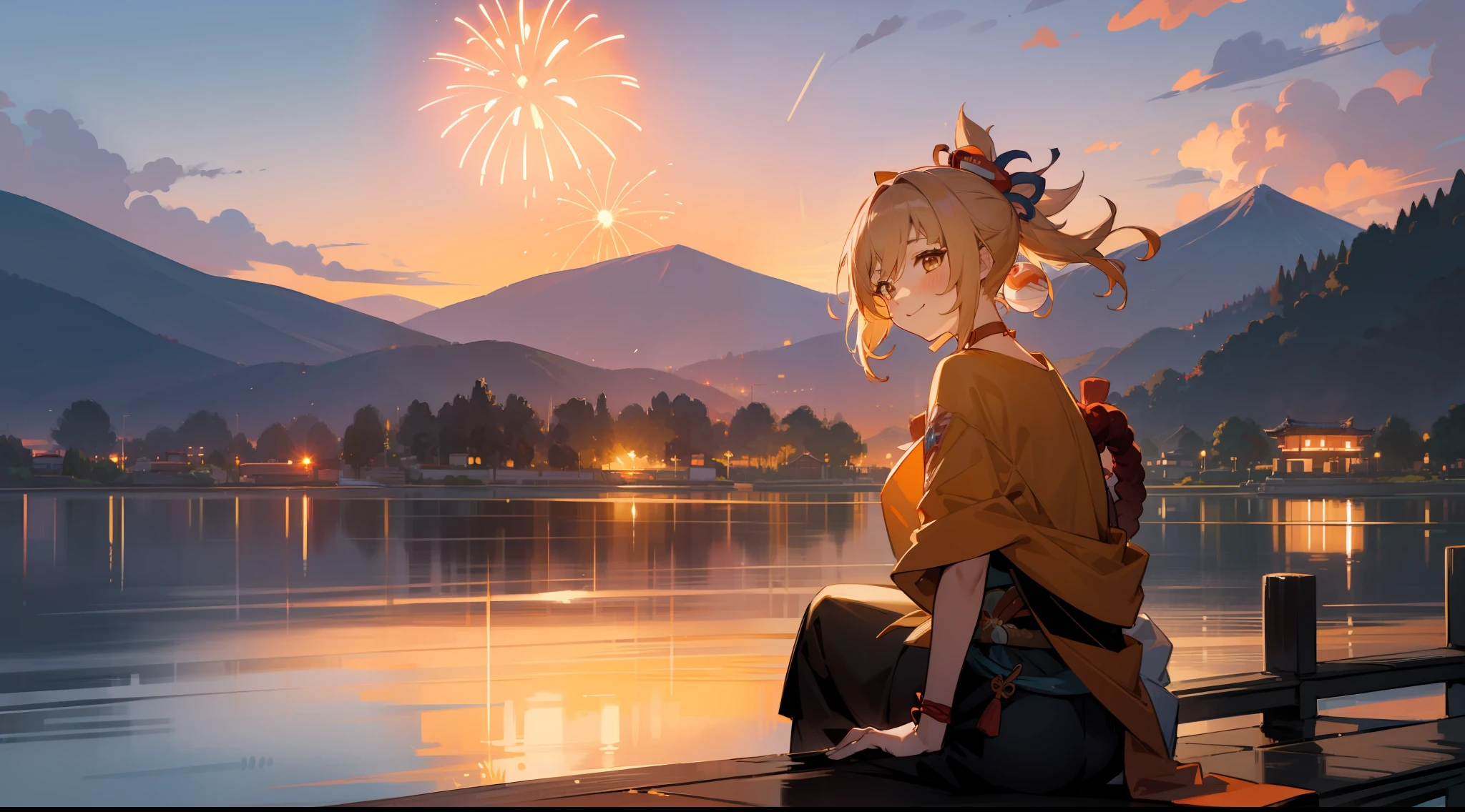 Yoimiya, smiling, adult, matured, illustration, 1girl, fireworks, mountain, scenery, sunset, dusk, beautiful, golden sky, sitting on a cove, waving, sakura tree, a view of a japanese town at sunset