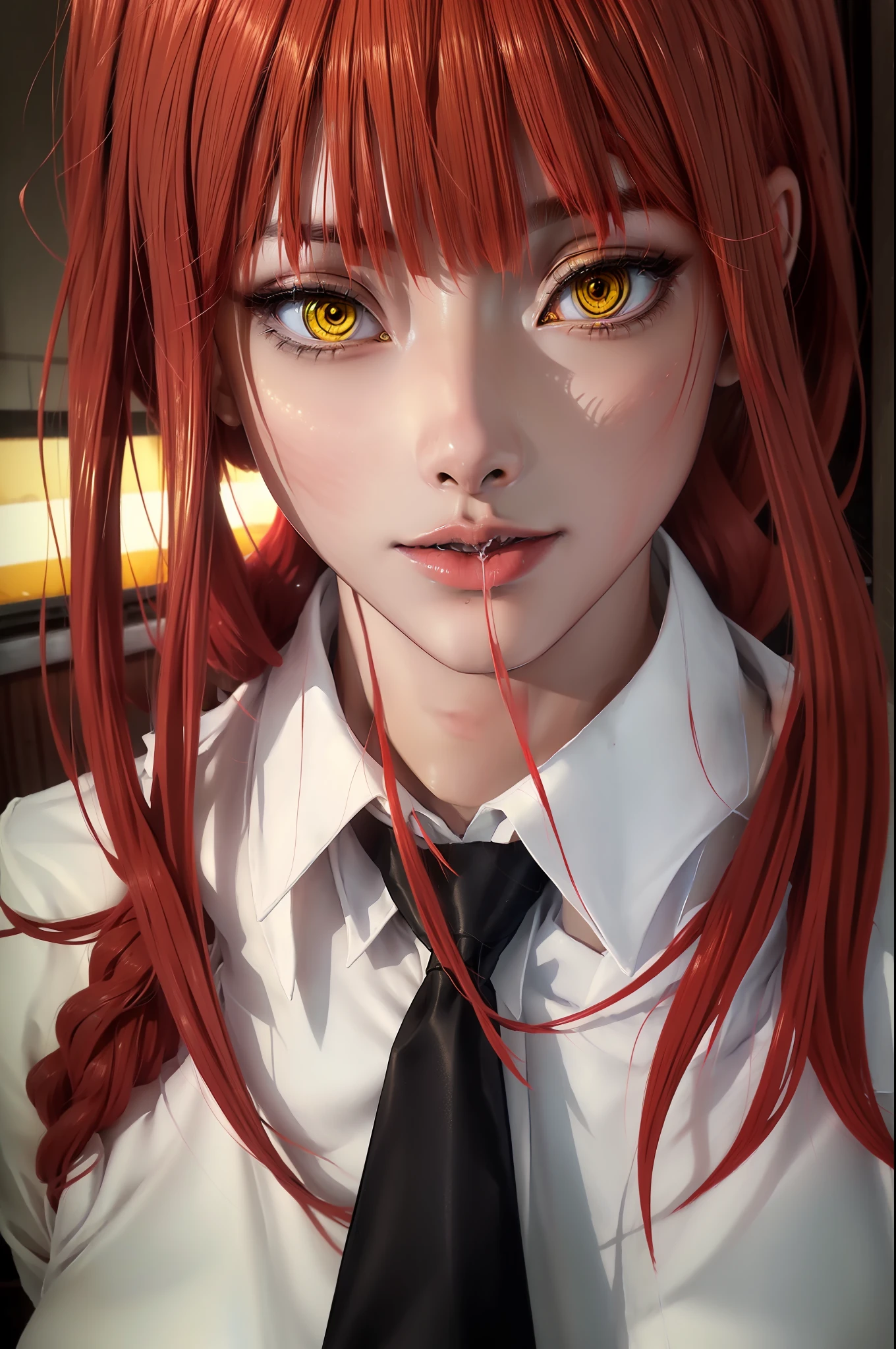 beautiful gorgeous Makima woman staring at the viewer, yellow eyes, sharp, red hair, white shirt, black tie, volumetric lightning, superdetailed, oily skin, different poses