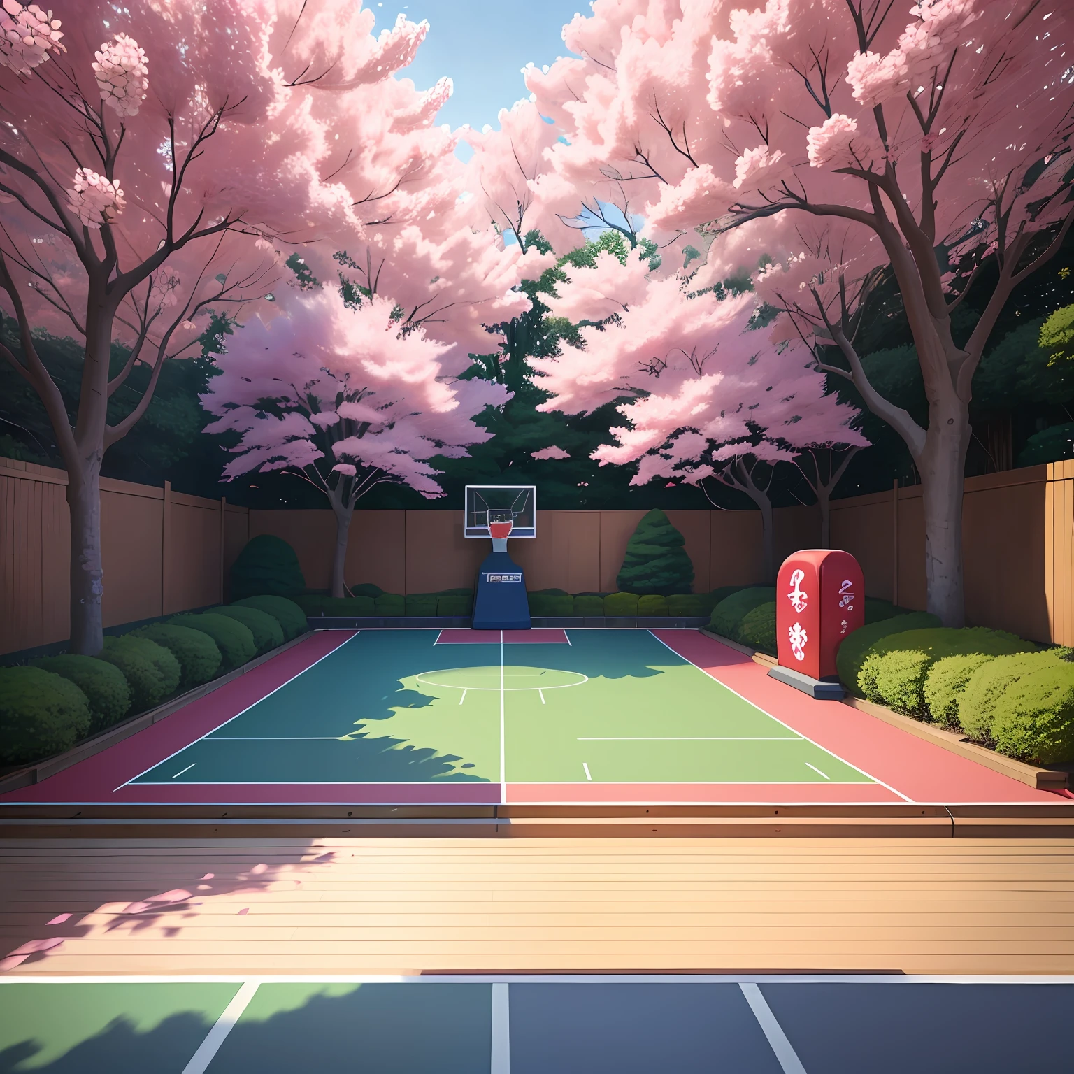(digitial painting),(best qualtiy),Outdoor basketball court,cherry blossom in full bloom,Ukiyo-e art style,Katsushika Hokusai inspiration,Deviant Art popular,8K hyper-realism,Pastel color scheme,gentle illumination, prime time, peacefulatmosphere, Transverse