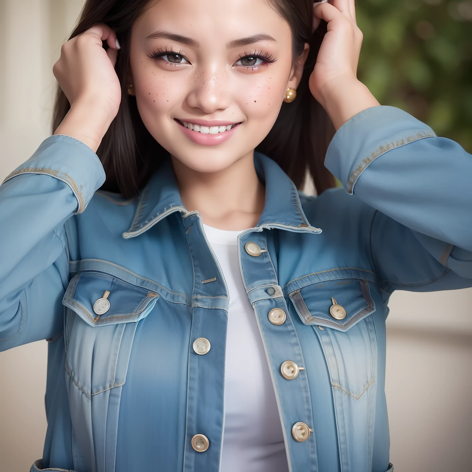 Neelofa, portrait, laughing, jeans jacket, freckles, (8k, RAW photo, best quality, masterpiece:1.2),ultra-detailed, (high detailed skin:1.2), 8k uhd, dslr, soft lighting, high quality,