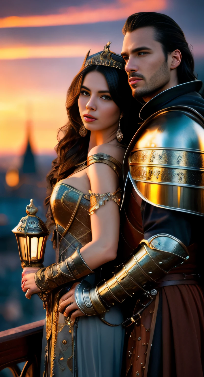 A man and a woman in a medieval dress stand next to each other, romance novel cover, fantasy medieval, Wearing fantasy armor, Melodrama Fantasy, The cover of a fantasy book, beautiful female knight, of a beautiful female knight, romance book cover, Fantasy clothing, High Medieval Fantasy, medieval high fashion, fantasy leather clothing, Cover of an epic fantasy novel, steampunk fantasy style, medieval style, Intricate, High Details, Clear Focus, Clear image,solid, clean, beatiful face, clear face, handsome male, A very handsome man, detaled face, handsome girl, Seperbeautiful girl ,(Raw, analogue, Nikon Z 14mm ultra-wide angle lens, award-winning glamour photograph, ((beste-Qualit)), ((tmasterpiece)), ((Realistic)), pores skin, sub-surface Scattering, radiant light rays, hight resolution, Detailed facial features, higly detailed, Clear Focus, Smooth, asthetic, extremely detialed, (extremely detailed eyes, extremely detailed iris), extremely detailed hair, Extremely detailed skin, extremely detailed clothing, Octane Render, photo-realistic, realisti, postprocessed, max detail, realistic shadows, roughness, natural skin textures, Real life, ultra realisic, photo realism, a photo of a, 8K UHD, a photo of a, HDR, an intricate, elegant, Detailed, sharp-focus, breath taking, beutiful, a gorgeous), (tmasterpiece: 1.2, Best Quality 1:1, ultradetailed:1.2, better shadow, 8K:1.1), (massive city:1.3, roof:1.1, city structures below, handrails), (contrasting background, vibrant background), (beautifull detailed face), High contrast, (perfect lighting: 1.2, beautiful color, delicate color), ((cinematiclight)), colourful, hyper-detailing, Dramatic light, intricate detials,