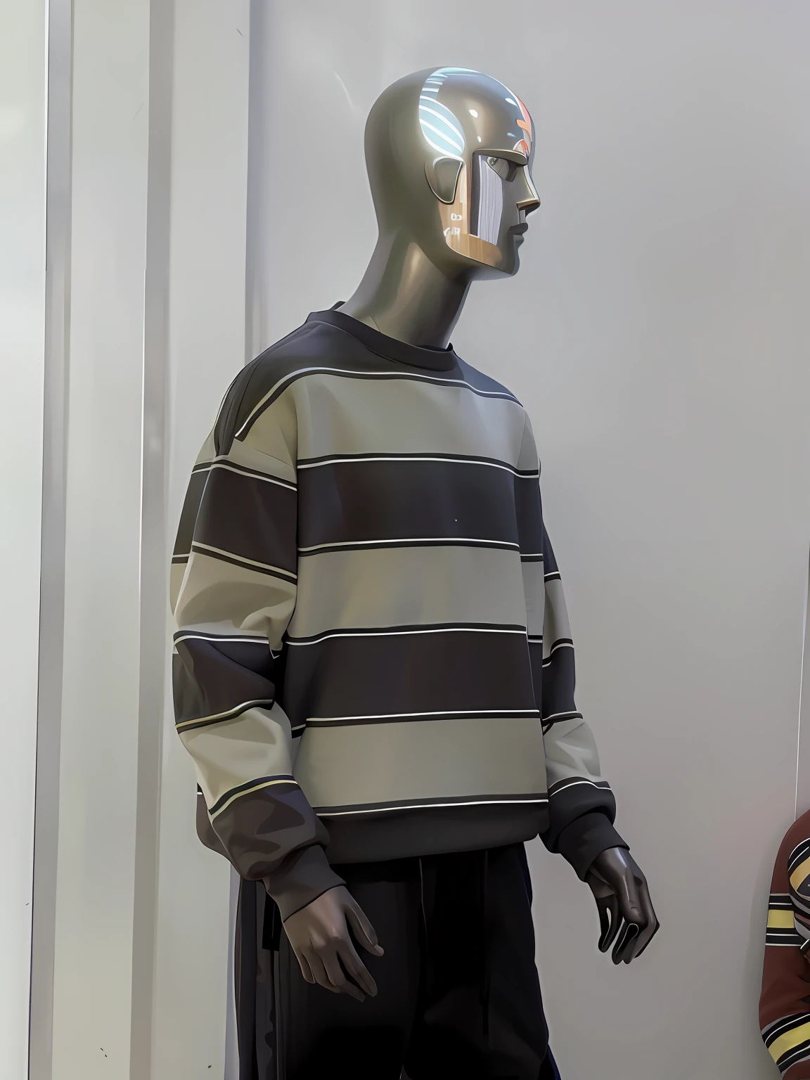 The Japanese male protagonist Miyazaki wears a knitted striped sweatshirt