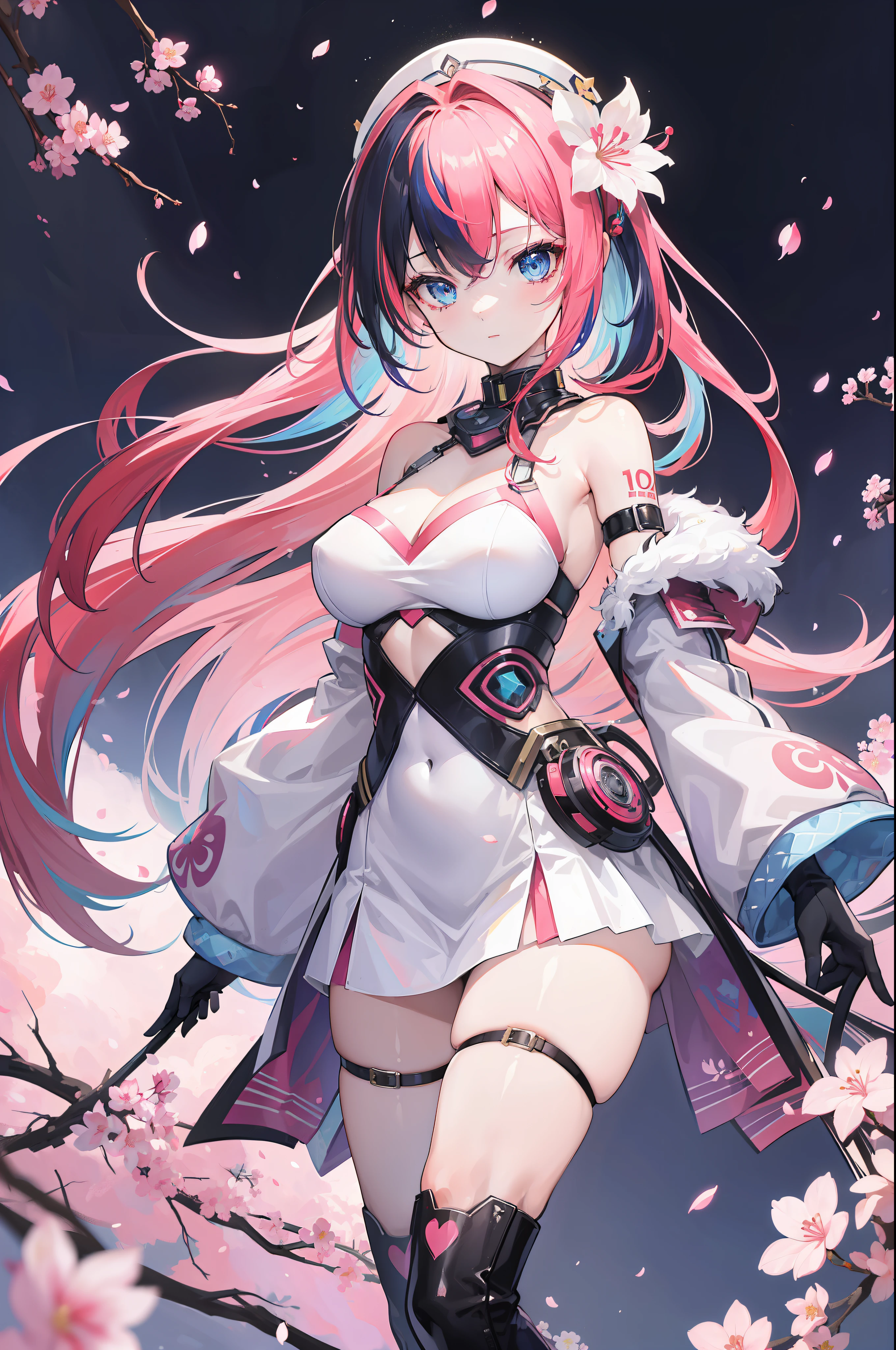 ((Beautiful and cool female torso)), ((Costume with cherry blossom petal motif)), ((Cyberpunk costume with high exposure)), ((Long multicolored hair)), ((Background is another world) )), blue eyes, glitter, artistic, nffsw, retina, masterpiece, accurate, super detailed, high detail, high quality, award winning, highest quality, high definition, 1080p, hard disk, 4K, 8K, 16K