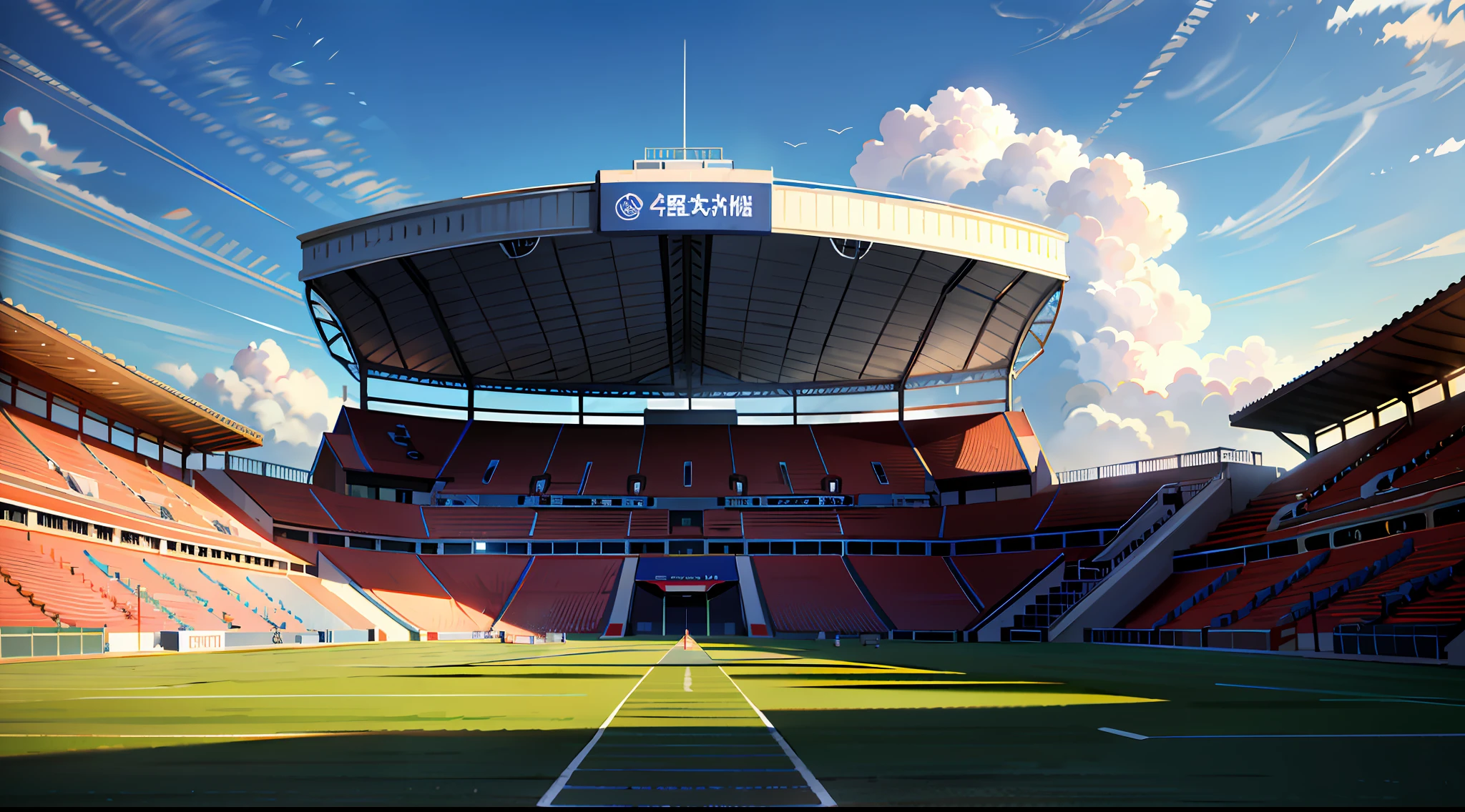 exteriors,sports arena,lawns,Audience,screens,running track,Front view,Epic composition,realistic illumination,high definition detail,tmasterpiece,best qualtiy,(The is very detailed的 CG unified 8k 壁纸), --v6