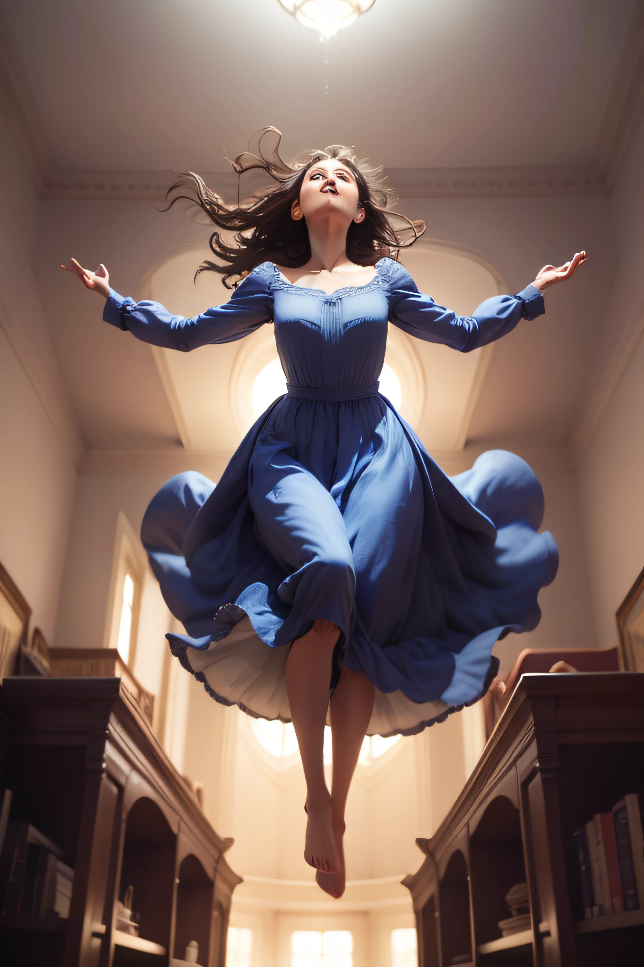 arafed woman in a dress flying through the air above a bed, a picture by Nathalie Rattner, pexels, magical realism, rising in the air levitating, levitating above the ground, levitating, she is floating in the air, levitation, objects levitating, mid air, as she looks up at the ceiling