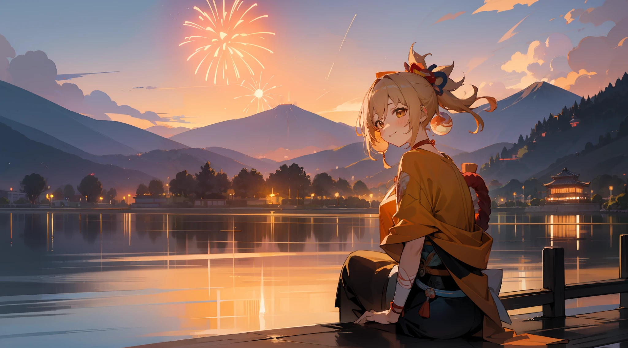 Yoimiya, smiling, adult, matured, illustration, 1girl, fireworks, mountain, scenery, sunset, dusk, beautiful, golden sky, sitting on a cove, waving, sakura tree, a view of a japanese town at sunset