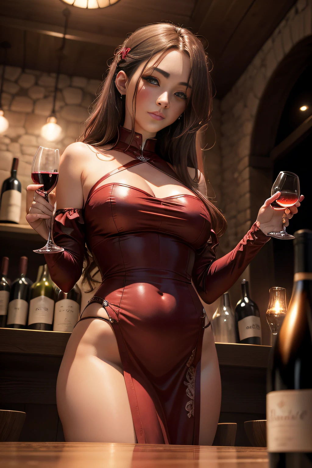 A woman rose from the wine table, One hand with red wine, Warm lights shone on the side of her face, Sketch a slightly drunken gesture, anime big breast, modern, ccurate, hyper HD, Super detail, High details, A high resolution