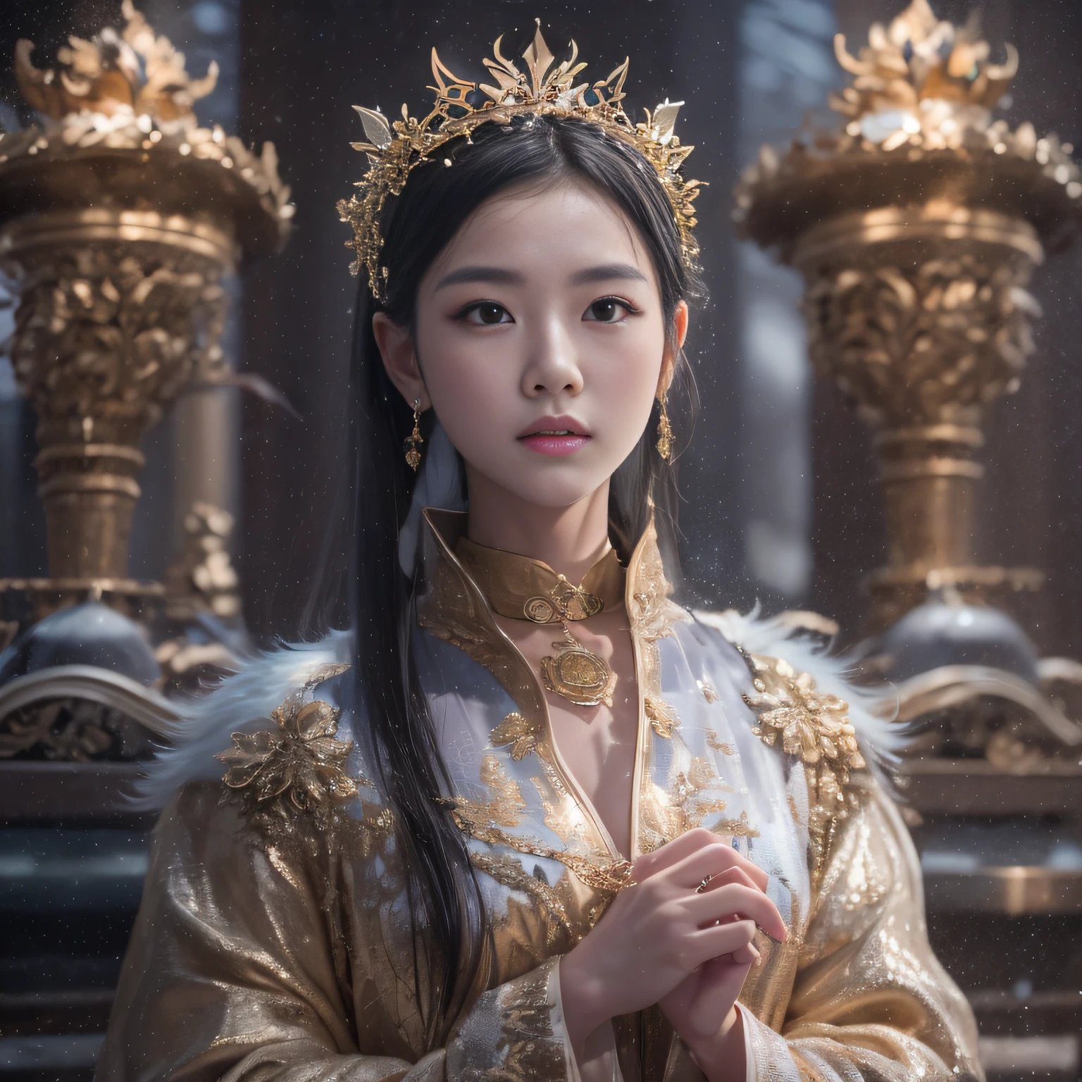16k（tmasterpiece，k hd，hyper HD，16k）short detailed hair，Vintage train sleeper area，Snow Circle Girl ，Two Golden Dragon Protectors （realisticlying：1.4），Python robe，Purple-pink tiara，Snowflakes fluttering，The background is pure， A high resolution， the detail， RAW photogr， Sharp Re， Nikon D850 Film Stock Photo by Jefferies Lee 4 Kodak Portra 400 Camera F1.6 shots, Rich colors, ultra-realistic vivid textures, Dramatic lighting, Unreal Engine Art Station Trend, cinestir 800，
