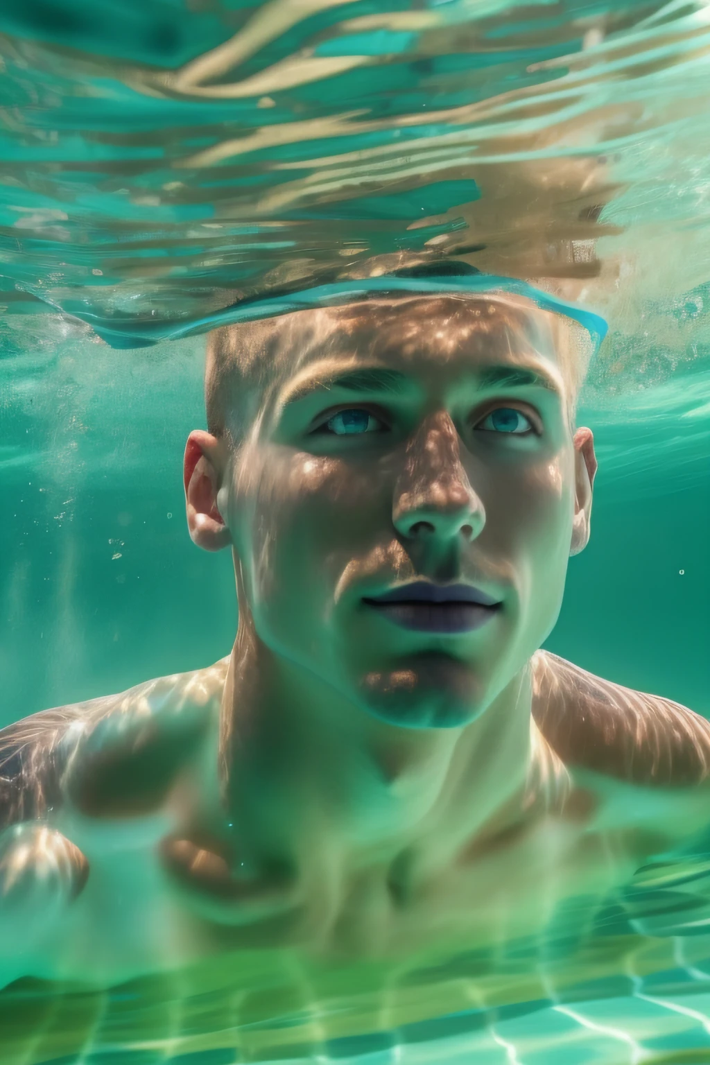 A fit handsome naked and muscular man, with short blonde hair, swimming powerfully underwater in a stunning pool, seen from below