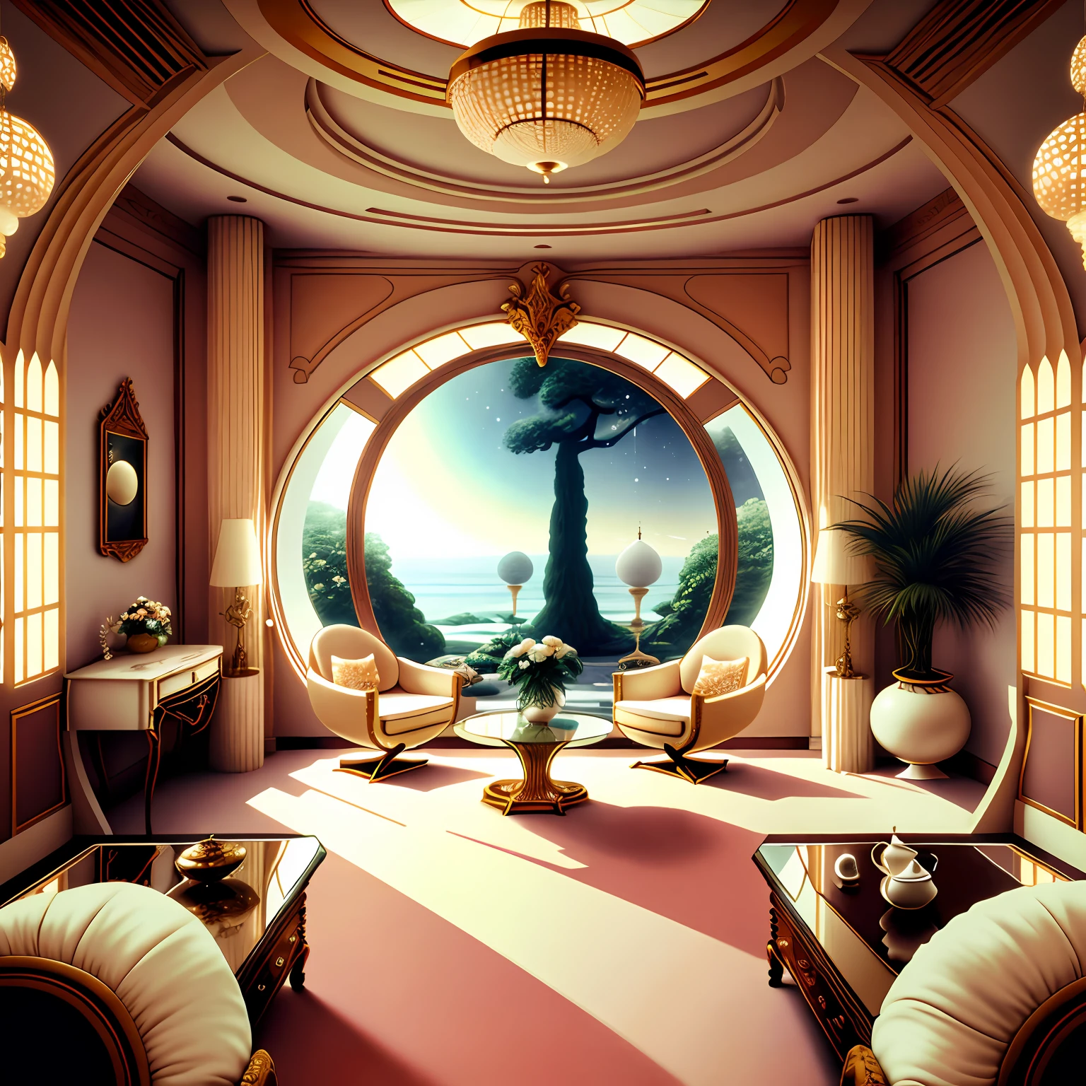 \1970 vintage futuristic bedroom, the whole room presents a noble and elegant atmosphere,Every detail exudes luxury and sophistication。 Sunlight shines through the windows on the soft fleece blanket,Bring a warm glow to the room。The floor beneath your feet is covered with soft and delicate carpets,You can feel the comfort of the soles of your feet every step。On the wall hangs a huge and ornate decorative painting,Painted with delicate flowers and gorgeous landscapes,Exudes an artistic touch。 The bed is the center of this room,It is wide and luxurious,Padded with golden silk bedding。At the head of the bed is a pair of delicate night lights,The warm and soft light makes the whole room look more inviting。On the night table next to the bed was a glass of champagne and a hardcover book,It gives you a little relaxation and enjoyment。 Facing the bed is a wide floor-to-ceiling mirror,The mirror is surrounded by delicate ornaments,Reflected in every corner of the room。Next to the mirror is a fine dresser,Cosmetic boxes and perfume bottles encrusted with precious gemstones are placed on it,It makes people feel endless gorgeousness。 In the corner of the room is a comfortable lounge chair,There is a small coffee table next to it,It is lined with delicate tea sets and fresh fruits。It is a corner where people can relax and rest,You can enjoy a moment of peace and ease here。 The whole room is filled with a light aroma,I don't know if it's a flower from the room or a high-end aromatherapy。Meticulous decorations、The luxurious furnishings and luxurious furnishings all show the owner's pursuit of taste and comfort。 In this luxurious bedroom,You feel endless dignity and elegance,Every detail exudes opulence and luxury,It makes you feel as if you are in a dream world