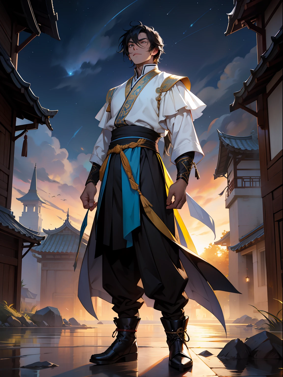 of a guy,Douluo Continent costume,Black hair,Mighty,standing on your feet,nigth,