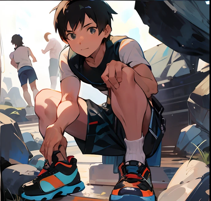 Anime boy squatting on a rock，Step on a pair of sneakers, concept art of single boy, Guviz-style artwork, offcial art, Makoto Shinkai. —h 2160, author：New Art, High Quality Anime Art Style, by Yang J, author：Kiyochika Kobayashi，Pubic hair shows through，Feet，sockes，pantiess，It's cute，