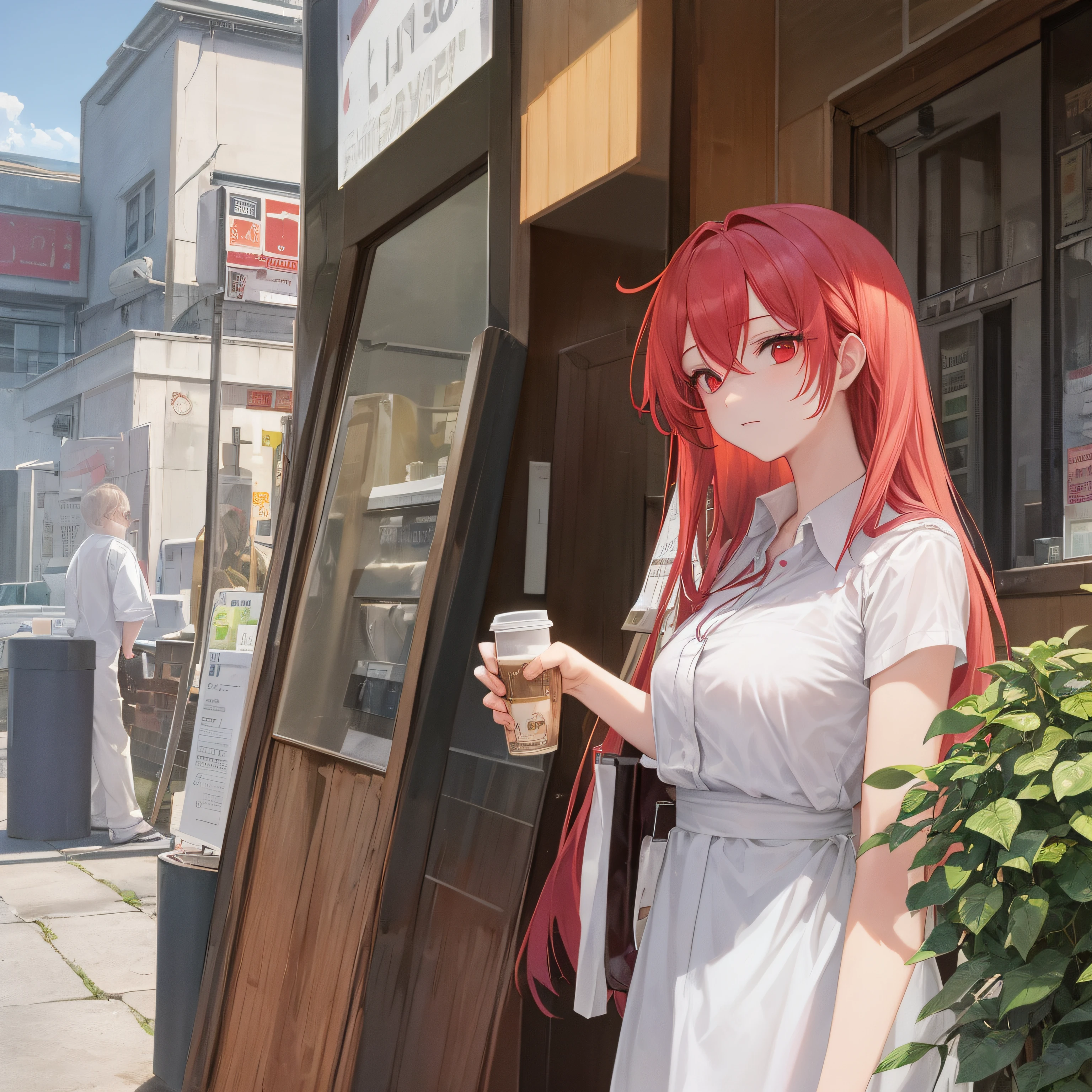 A queen of heaven, red hair, red eyes wearing casual cafeteria clothes, standing outside cafetaria still thinking