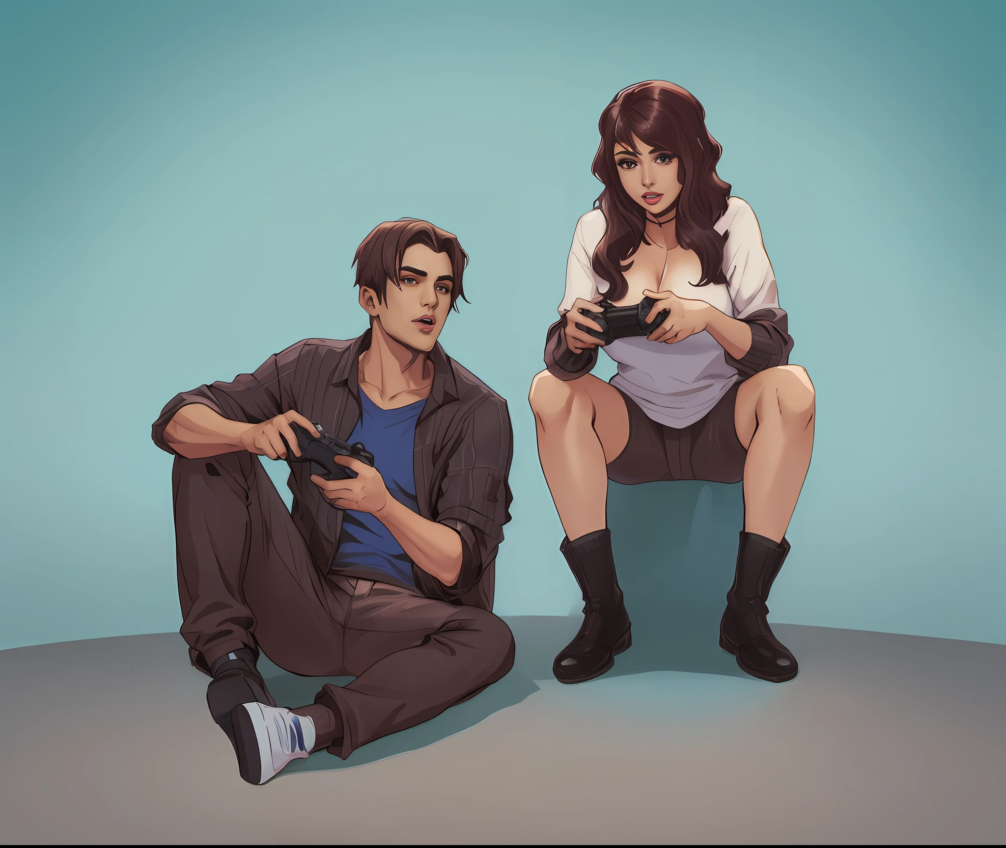 um homem de camisa xadrez, Videogame controller in hand. uma mulher cabelos pretos ondulados e longos na sala