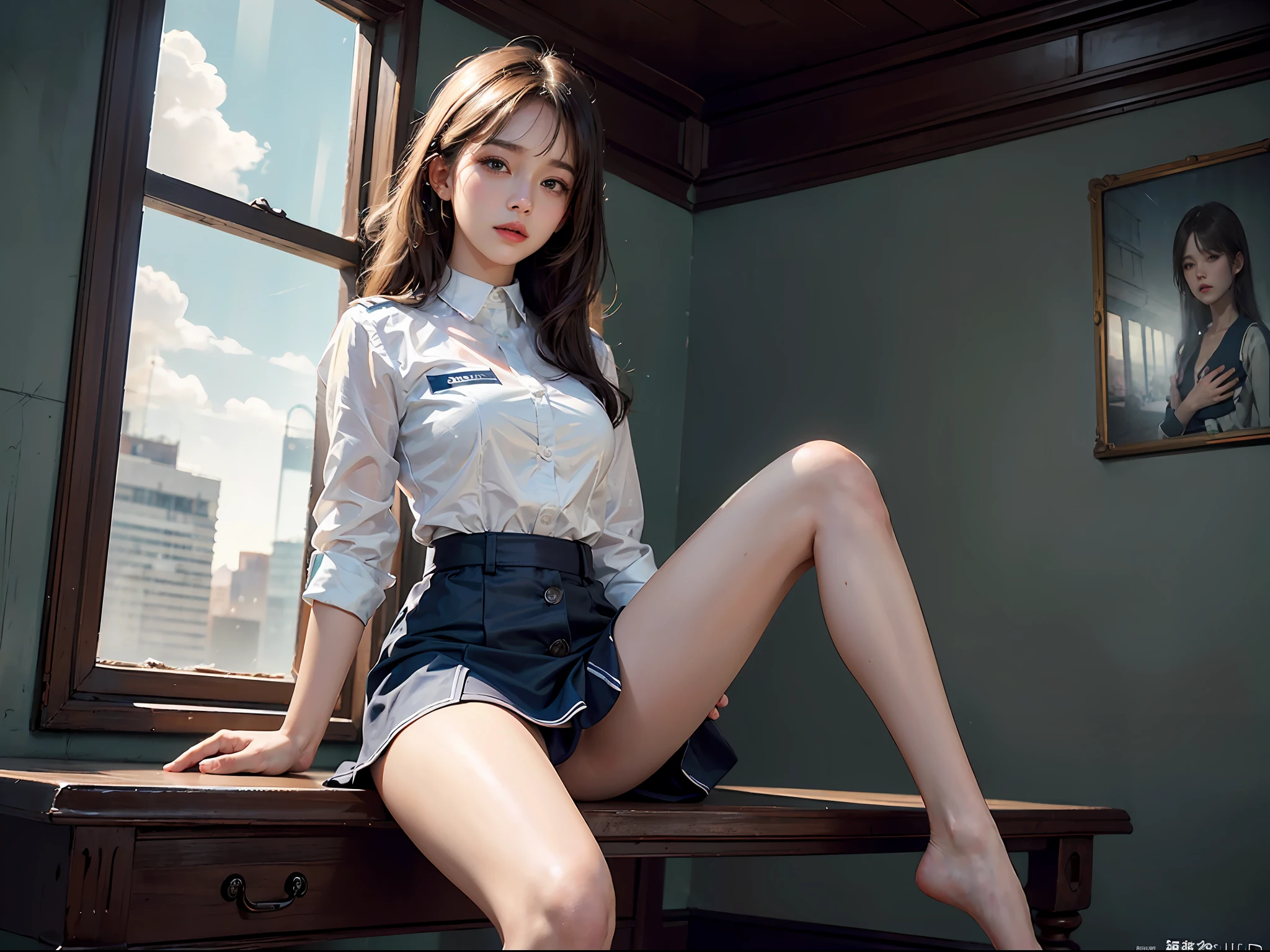 Masterpiece,Best quality,offcial art,Ultra-detailed CG unified 8K wallpaper, (hdr:1.4), (Cinematic), (Pastel colors, dim colors, soothing tones:1.3), Professional lighting, Radio City,((1girll)),Indoors, Cityscape, Sunlight, Best quality, Lots of details, Masterpiece, Ultra-detailed, illustration, Realistic, An extremely delicate and beautiful girl, Beautiful detailed eyes,8K wallpaper,Beautiful detailed girl, looking at viewert, Messy hair, Large breasts, look from down,Long legs, ((Translucent uniform unbuttoning)), ((Focus is on the base of the thigh)), ((High-waisted miniskirt)), ((Lower chest)), opening legs, Show feet,((Beautiful feet)),