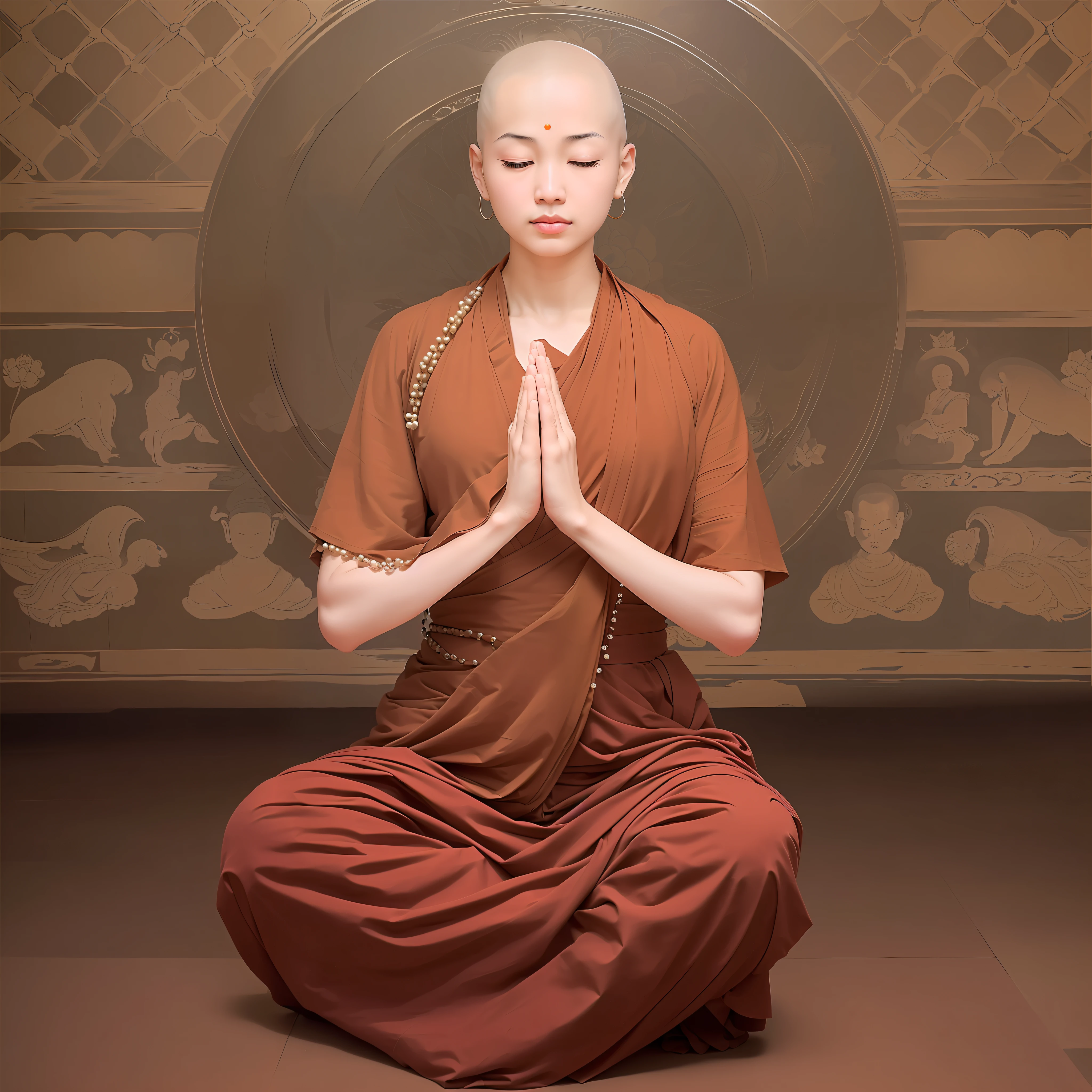 There is a woman sitting in a meditative position，had his hands folded, monk meditation, asian nymph bald goddess, Buddhist monk meditation, Buddhist, zen méditation cyberpunk, prayer meditation, samsara, The Hindu phase of meditation, yanjun cheng, Zen meditation, buddhist monastery on mars, buddhist monk, in meditation posture, Angels do yoga in temples, Buddhism