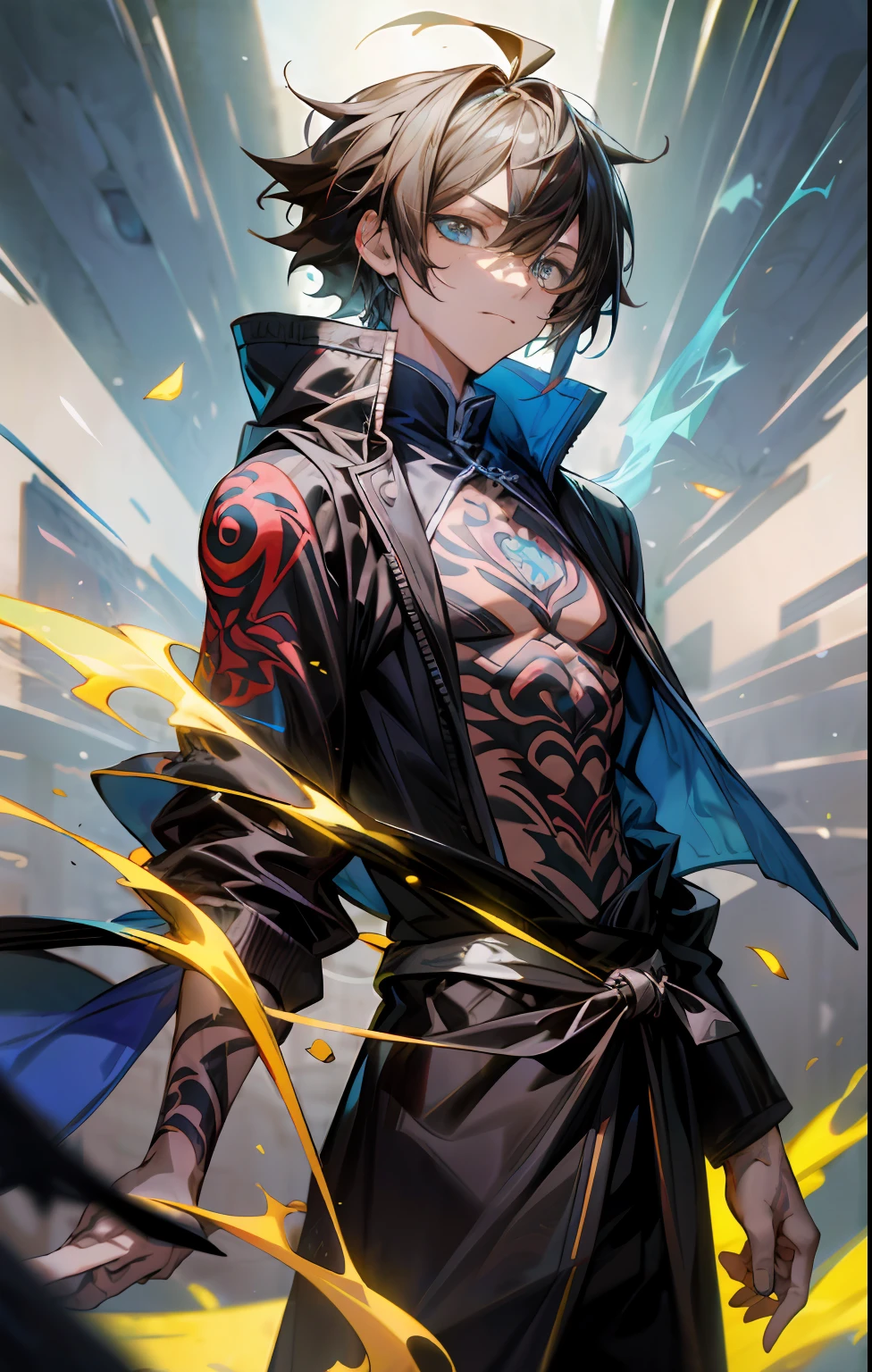 A young man,Ultra-short brown hair,blue colored eyes,black black jacket,There are tattoos on the face,Colored flame wrapping,Chinese dragon phantom,k hd,plethora of colors,the detail,llight rays,tmasterpiece,A masterpiece,Elaborate Eyes。