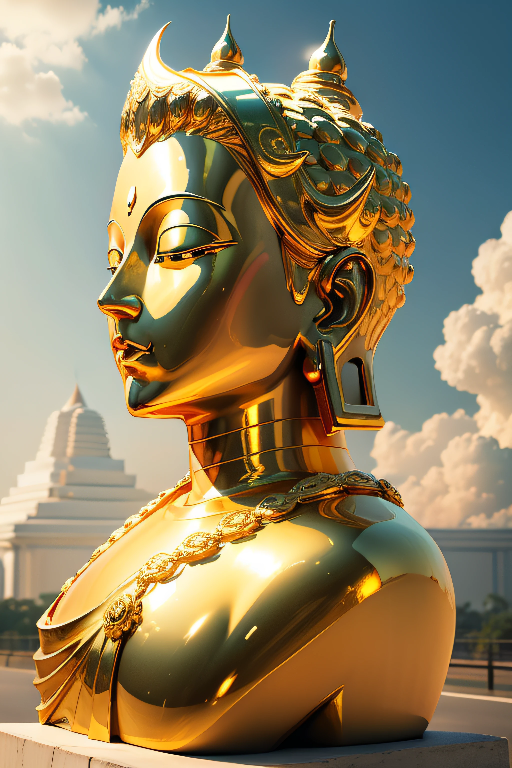 90 degrees from the side,90 degrees from the side,There is a golden Buddha statue in the clouds,90 degrees from the side,with blue sky and white clouds, head portrait ,male people,a Buddhist Buddha, Buddha, Buddhist, Buddhism, beautiful gold saint, Thai, Beautiful image, gold, enlightening, samsara, Asian, sculpture made of gold, Cloud, depicted as a 3 d render, thailand, buddhist art, leaked image, On the road to enlightenment, On the road to enlightenment