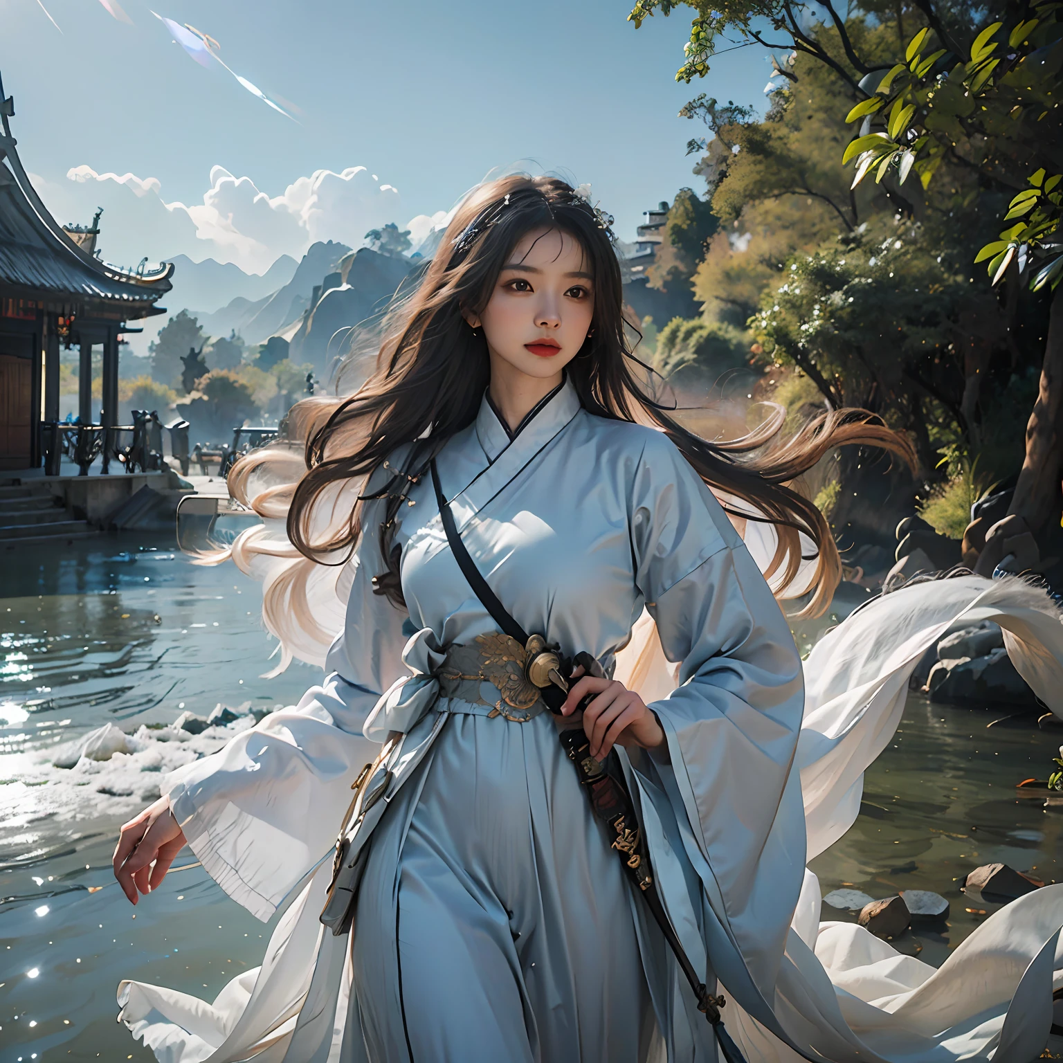 tmasterpiece，Best quality at best，high qulity，the Extremely Detailed CG Unity 8K Wallpapers，chinese classic garden，scenecy，amsterdam，Winters，（（nevando）），exteriors，Skysky，In the daytime，scenecy，Eau，The tree，blue-sky，waterfallr，naturey，lakes，rios，mostly cloudy sky，award winning photography，Bokeh，depth of fields，hdr，blooms，color difference，真实感，The is very detailed，Trends on ArtStation，Trends on CGSociety，iintricate，high detal，dramatics，Midjourney Art ，((4K,Masterpiece,Best quality)),lotuses, Hanfu, maxikit, Dress conservatively 1girl, Solo, Blue long hair, ssmile, standing on your feet,flowy，knight-errant，sword，Walk in righteousness，knight-errant，wielding a sword，Combat defense，martial art pose，Kung Fu Movements，Bigchest，Thin waist and thick hips，Charming，Moving，Enchanted，seductiv，Impeccable，prette，Fine，National style💘，Martial arts style，juicy legs，Hanfu elements，classical，nice hand，delicated，the detail，Texture，changing winds and clouds，Big waves，Surge forward，Flying sword surrounding，Swords，（Detailed hand movements），Delicate hands，（Sword effect：1.5），