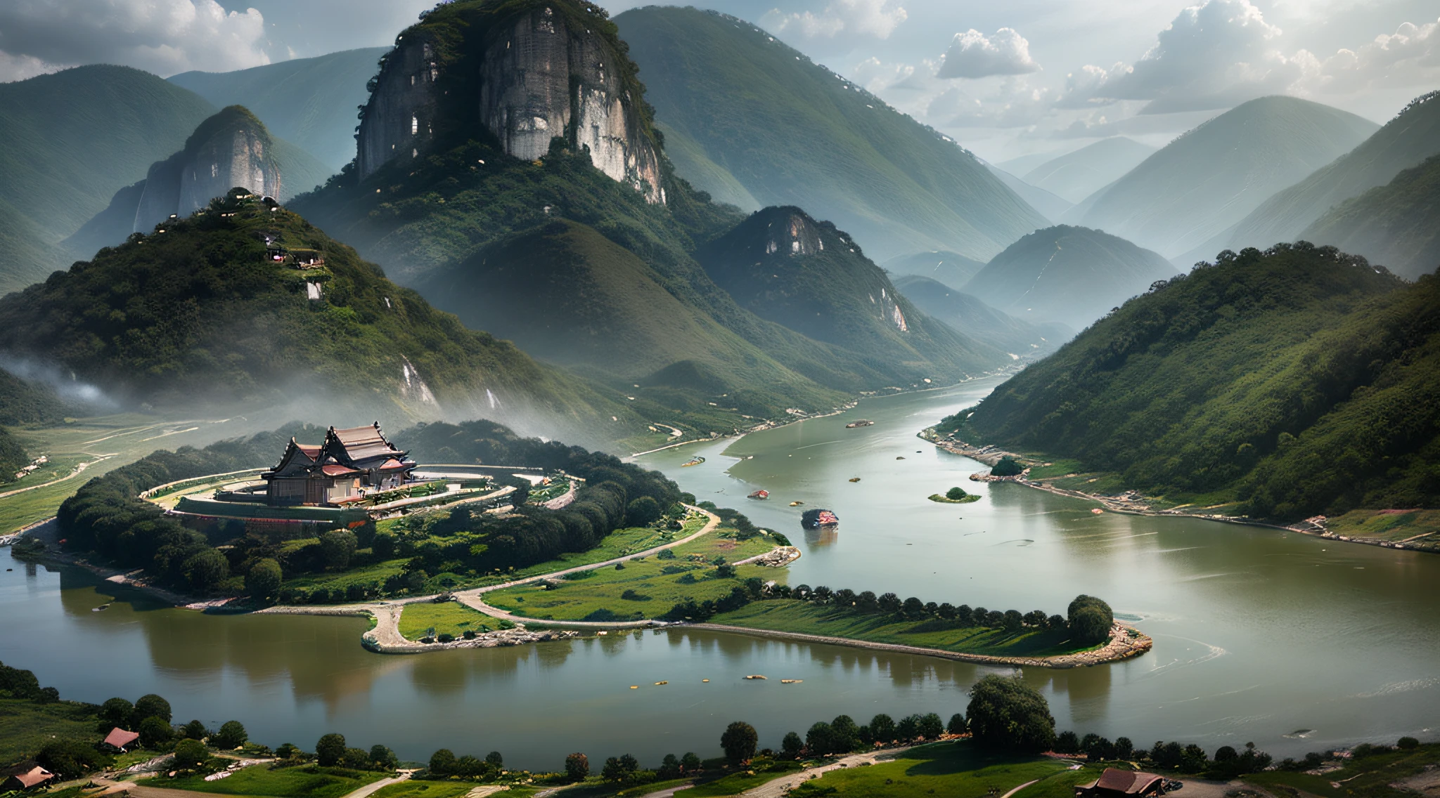 Guangxi river pond, mountain high and deep water, karst landform, terraces, peasant farming, wooden mud houses, boating