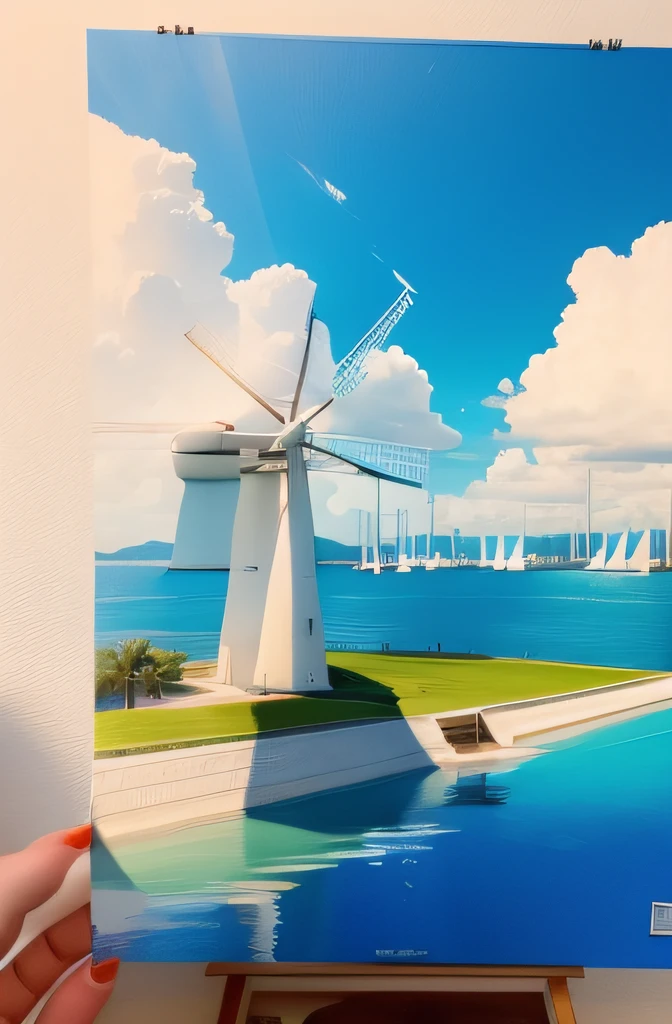 Draw scenes of palm trees and windmills on both sides of the river,There is a sailboat in the water,Minimalist style,Sailboats focused on the river,morden style,The theme is on both sides of the river,It has a sense of graphics,Simple yet effective combination of elements,Ocean sketch with paint strokes,Excellent line drawing。