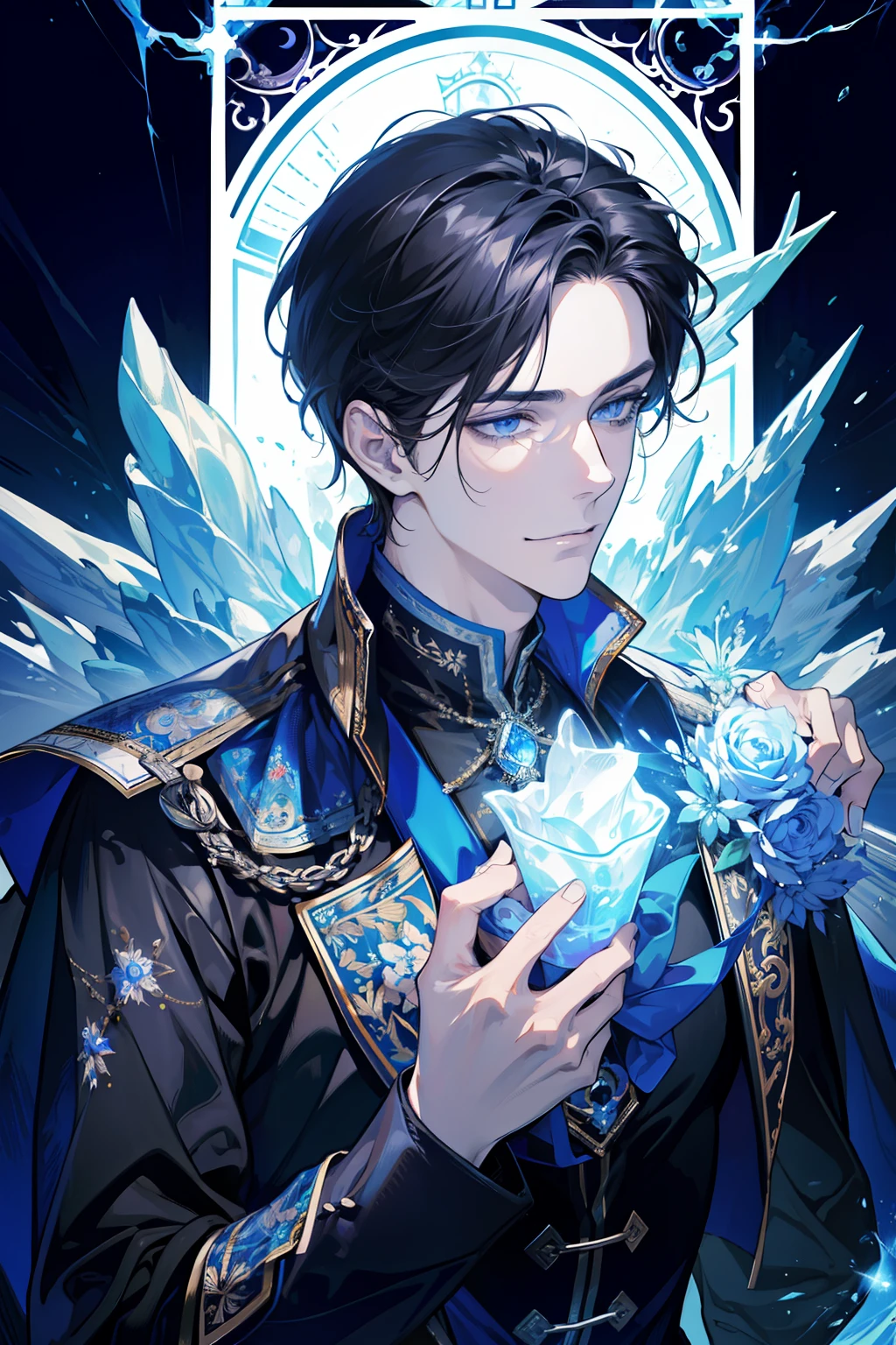 (absurdres, highres, ultra detailed), 1 male, adult, handsome, tall muscular guy, broad shoulders, finely detailed eyes, dark color hair, fantasy, complex pattern, detailed face, throne, magic effect, best ratio four finger and one thumb, ice, bitter cold, cold snap, smile, (dutch angle), closed mouth