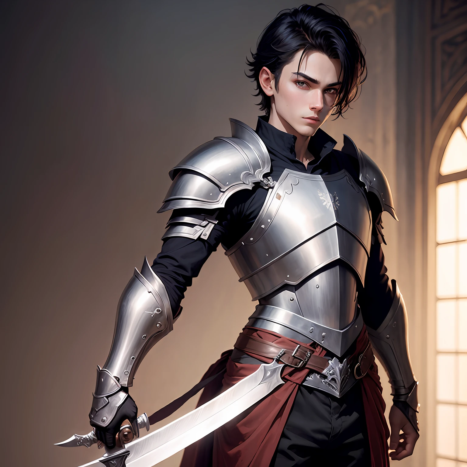 Draw a young handsome evil boy in armor,The face is delicate,Carrying a sword behind his back
