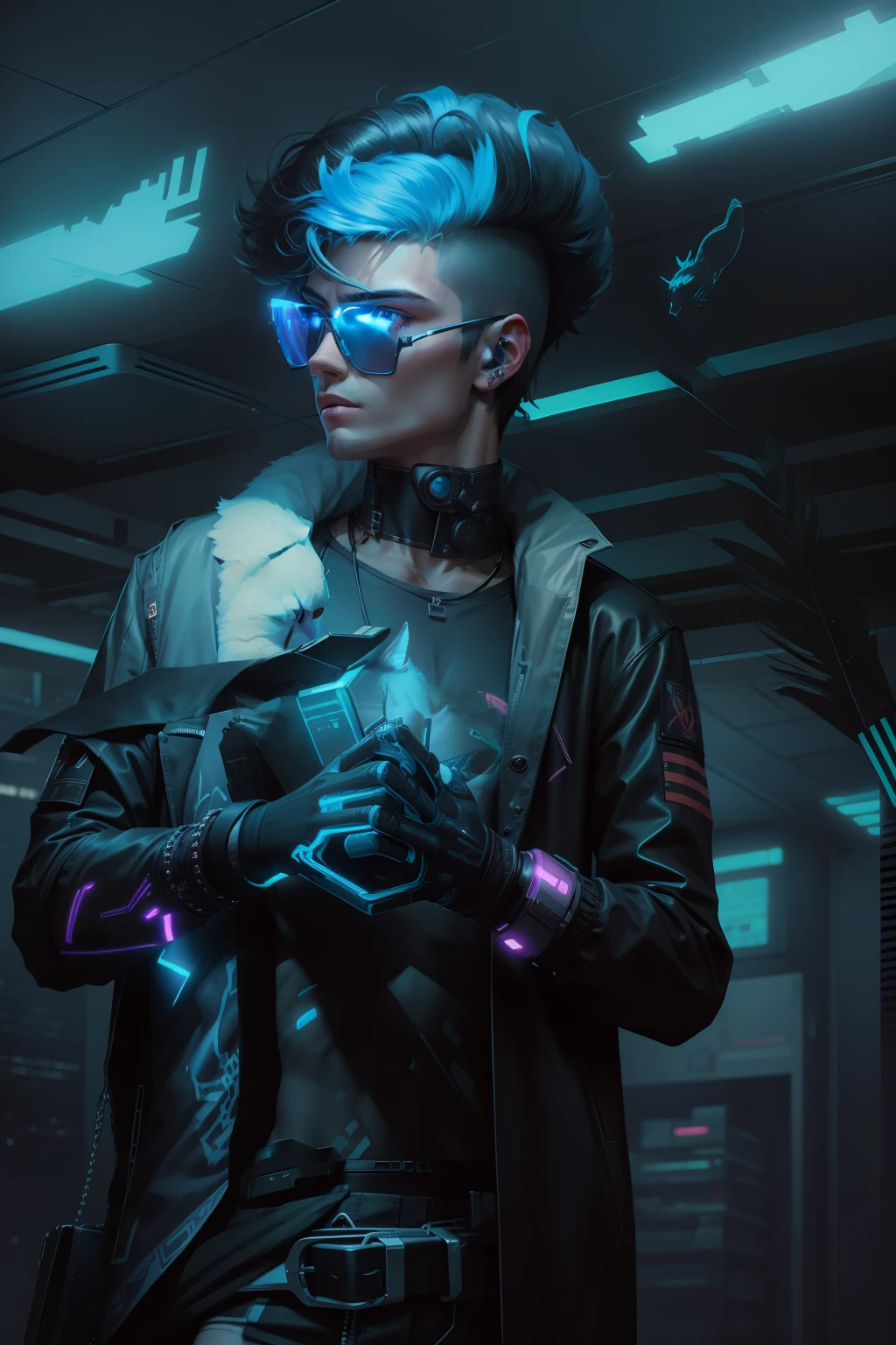 Cyberpunk handsome boy ultra realistic with cat --v 4