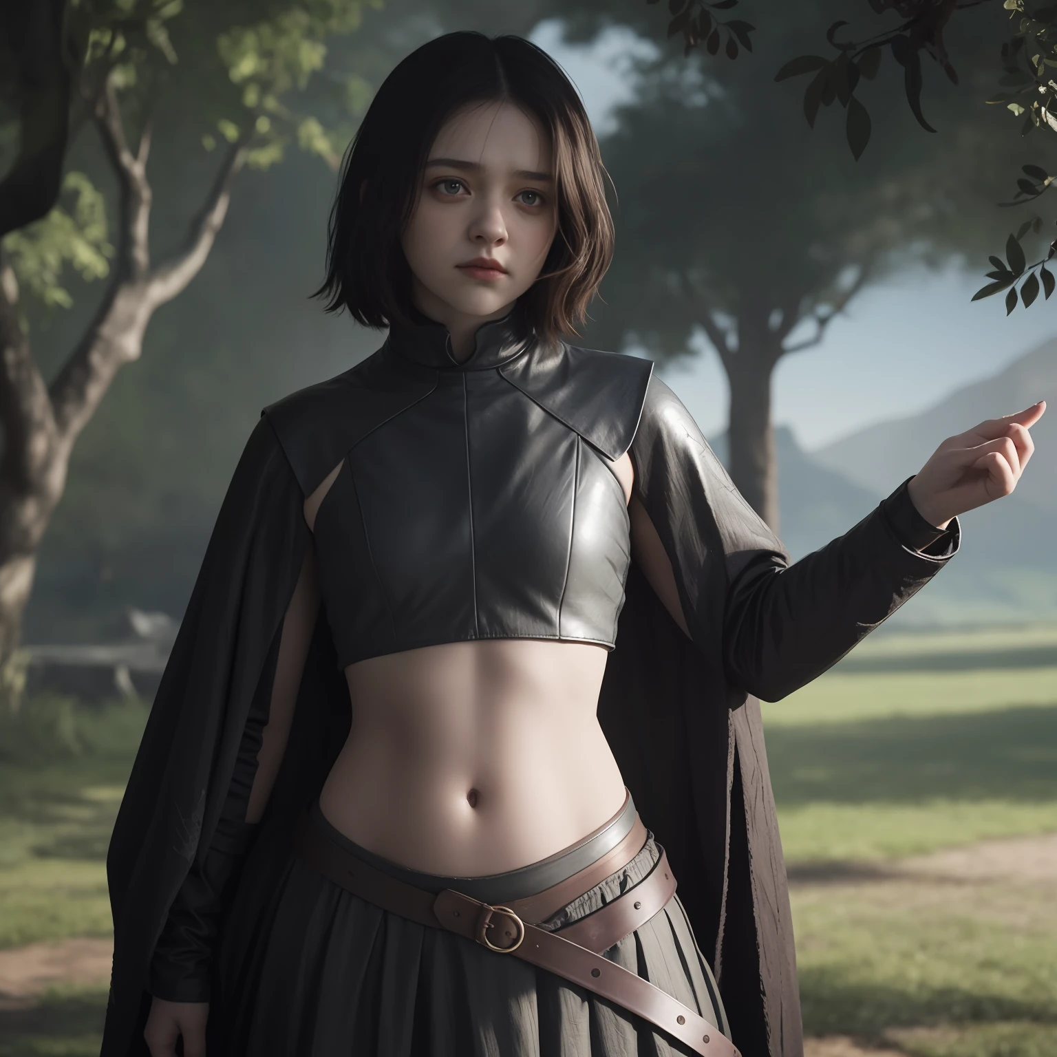 Arya Stark with another girl from Game of Thrones with her little crop top, mostrando su enorme barriga descubierta, estomago grande, No cubra el vientre, Small clothes, vientre gordo, barriga grande, un solo ombligo, intestino grueso, tripa grande rellena, Hiperrealista, Plano completo, no muscle, gran barriga rellena, vientre gordo, comer mucha comida, Midriff vestido, Enorme barriga/Vientre lleno de comida, Juego de Tronos, Como si fuera un episodio de Juego de Tronos.
