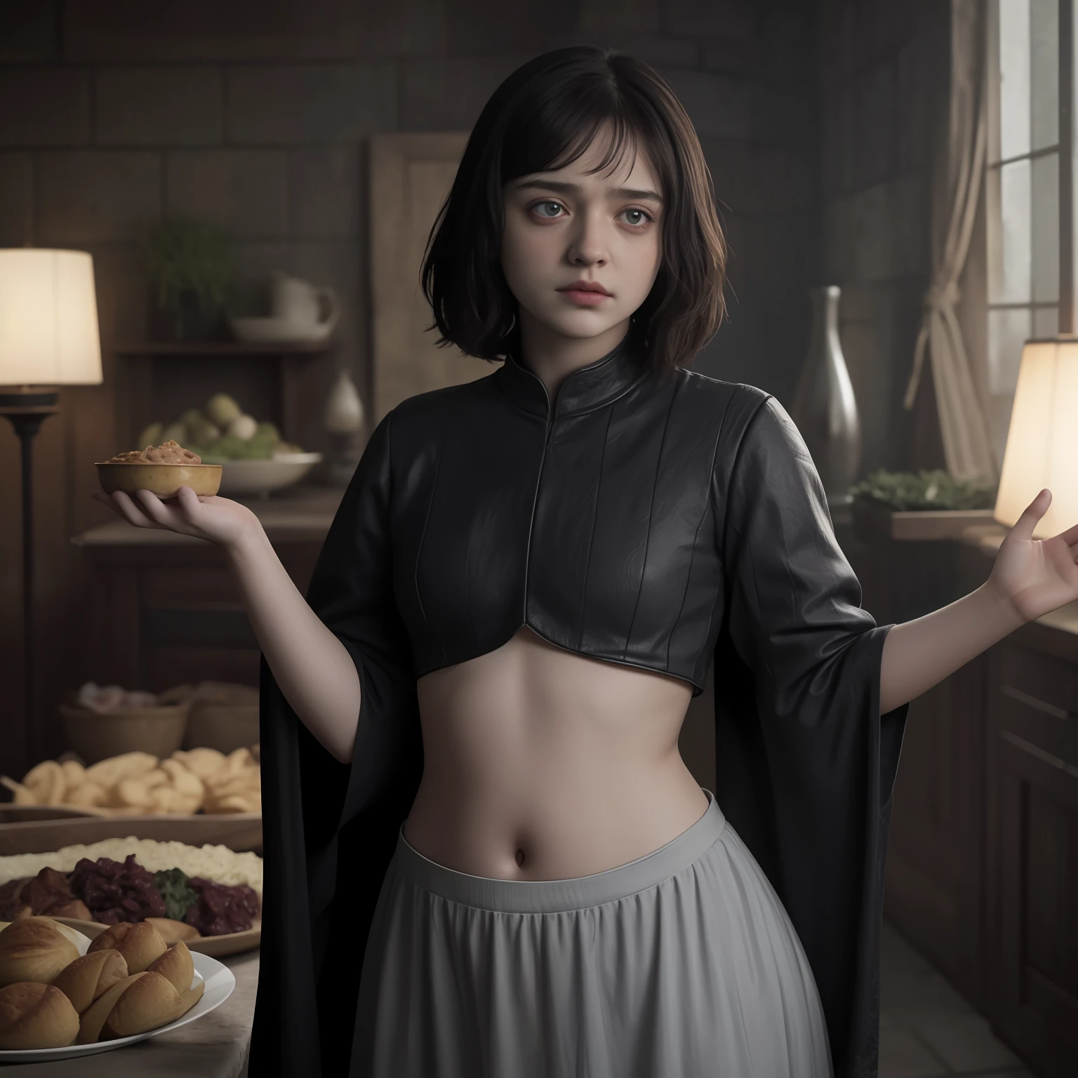 Arya Stark with another girl from Game of Thrones with her little crop top, mostrando su enorme barriga descubierta, estomago grande, No cubra el vientre, Small clothes, vientre gordo, barriga grande, un solo ombligo, intestino grueso, tripa grande rellena, Hiperrealista, Plano completo, no muscle, gran barriga rellena, vientre gordo, comer mucha comida, Midriff vestido, Enorme barriga/Vientre lleno de comida, Juego de Tronos, Como si fuera un episodio de Juego de Tronos.